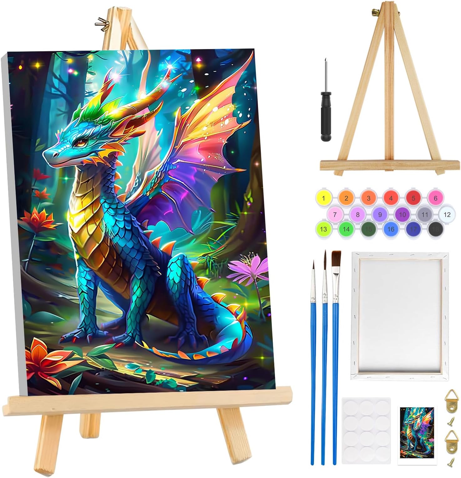 MOGTAA Dragon Paint by Numbers Kit for Adults Beginners with Frame, Flowers Adult Paint by Number Kits on Canvas with Easel, Easy DIY Animal Oil Painting Kits for Home Decor, 8x12in