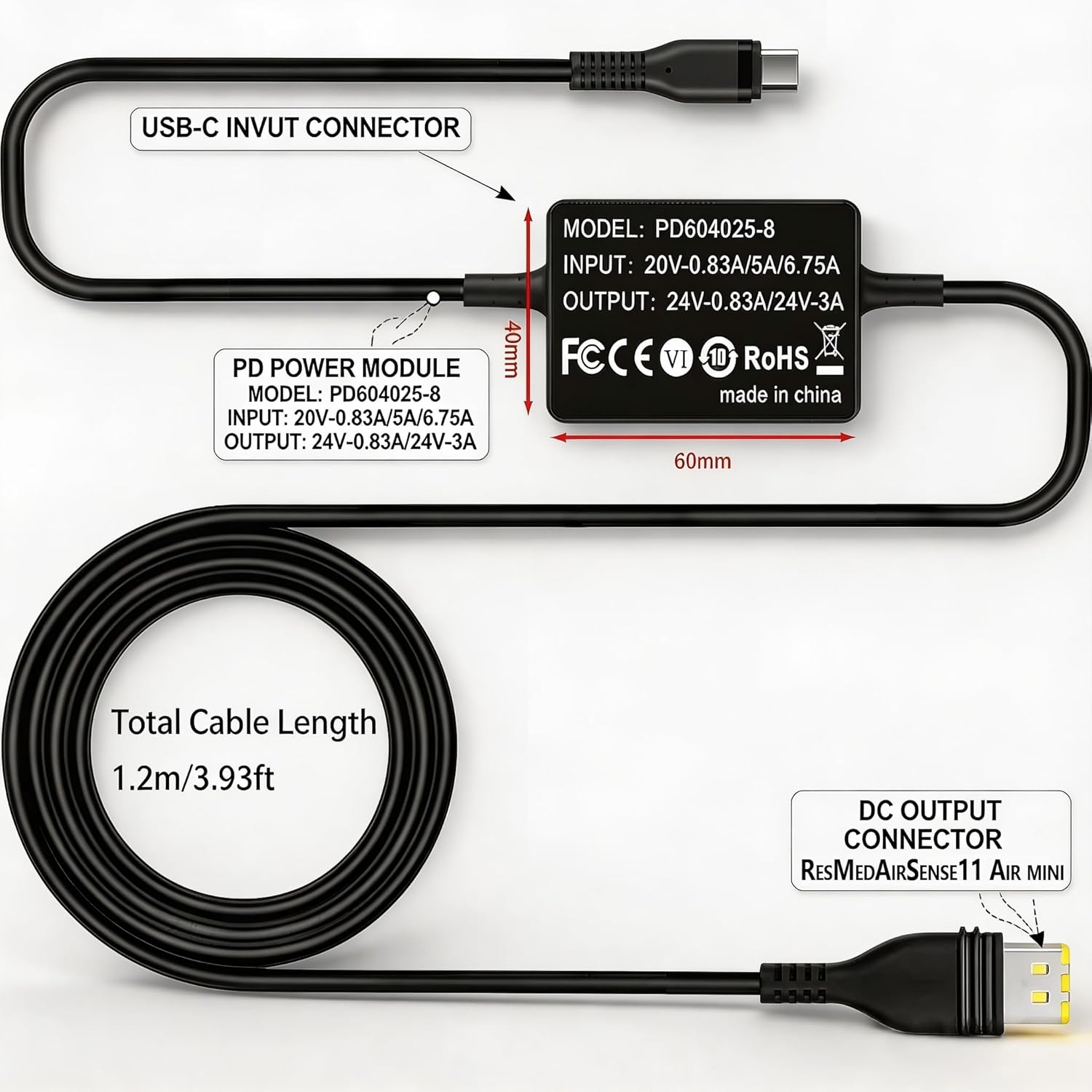 20V CPAP Power Cord for ResMed AirSense 11 AirCurve 11 Elite 39205 & AirMini CPAP Machines Power， CPAP Charger DC Coverter Cable Fit PD 20v Charging Head/ 65W Battery Backup/Power Station/Power Bank