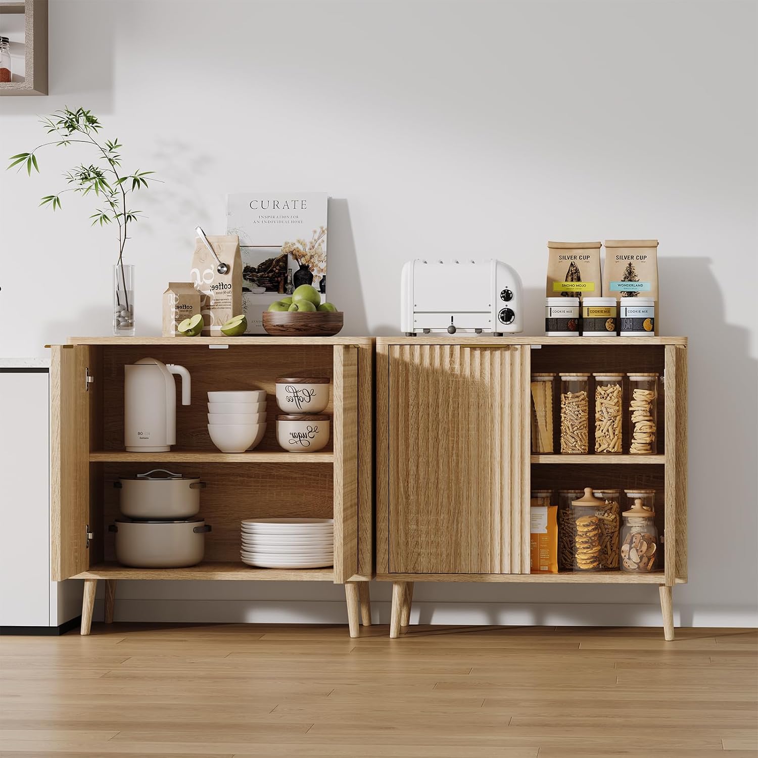 Modern Fluted Sideboard Buffet Cabinet with Storage, 31.5" Slim Wood Accent Credenza Console with Doors and Adjustable Shelves, Mid Century Narrow Storage Cabinet for Living Room, Hallway Kitchen Oak