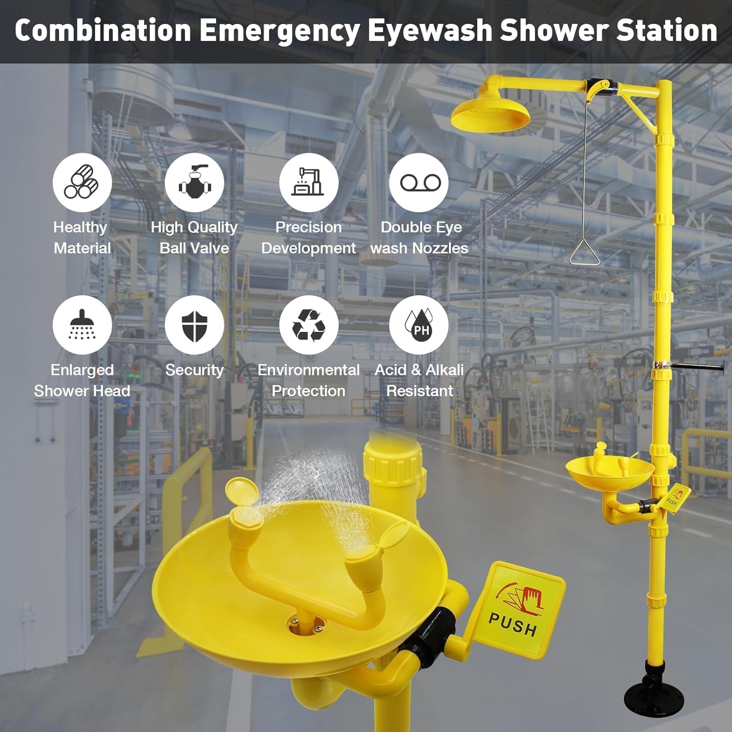Lavaojos Y Ducha Set, Ducha De Emergencia Estación Lavaojos, Doble Pulverizador Lavaojos, Primeros Auxilios Lavaojos, Triángulo Tirar De La Barra Y Empujar La Placa, Para Sustancias Nocivas Lavado