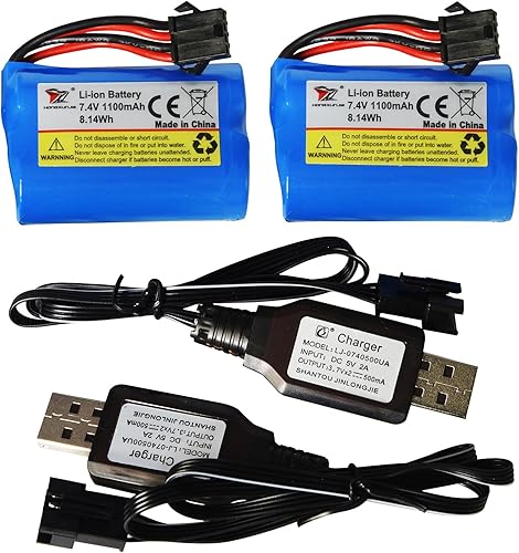 Miniatura 7 de Blomiky Paquete de 2 baterías recargables de iones de litio de 7.4 V (2 x 3.7 V) 1100 mAh con conector SM-4P y cable de cargador USB de repuesto