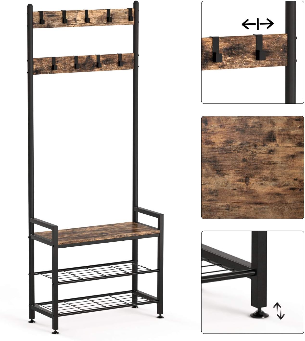 Ballucci Industrial Shoe Bench Coat Rack, 3-Tier Hall Tree Entryway Organizer Storage Shelf, Free Standing Wood Accent with Metal Hooks and Frame, 3 in 1 Design, Rustic Brown: Home Improvement