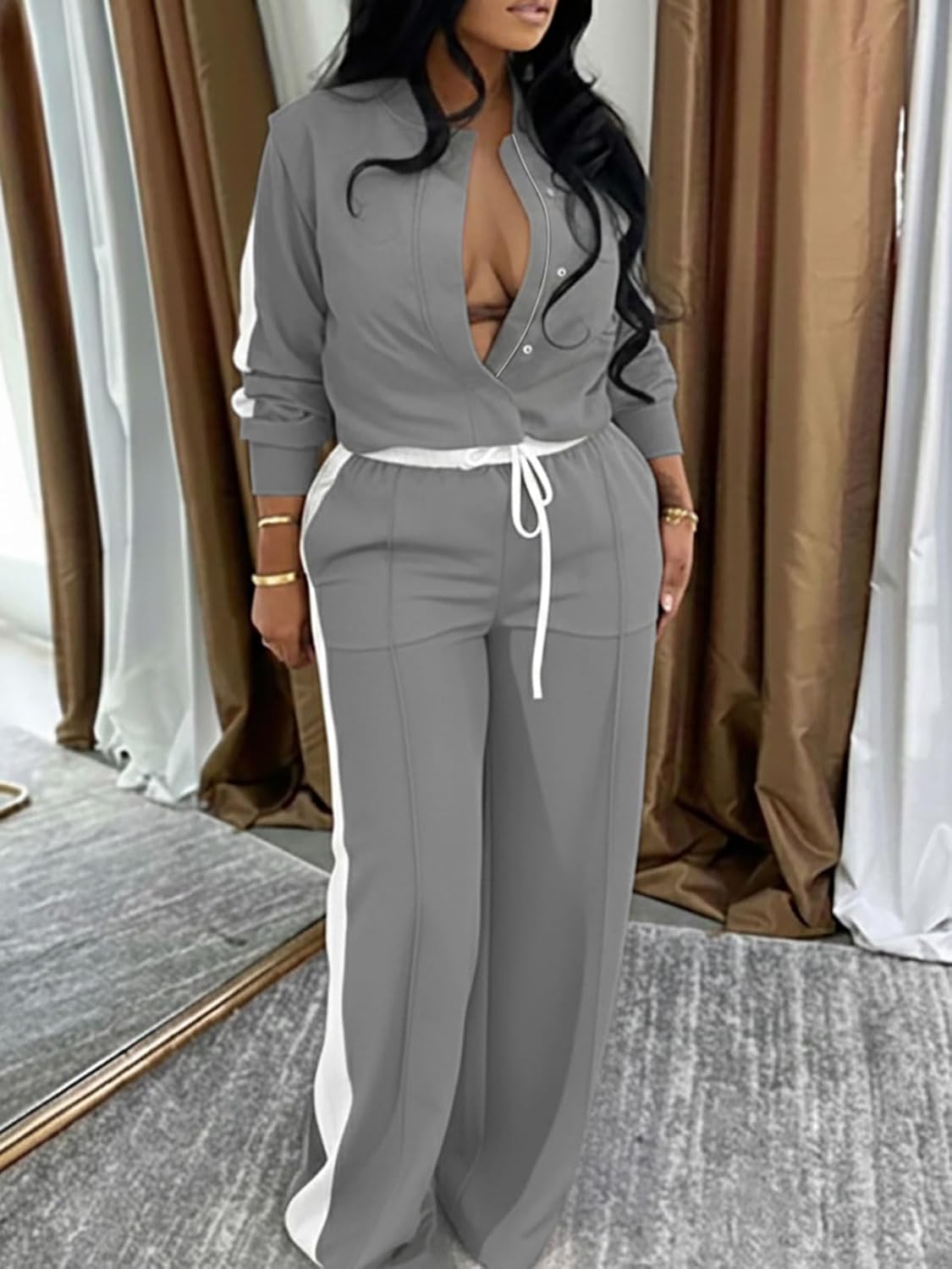 Akmipoem Track Suits for Women Set 2 Piece Outfits Color Block Zip Up Jacket Wide Leg Pants Casual Sweatsuit Airport Travel - Image 9