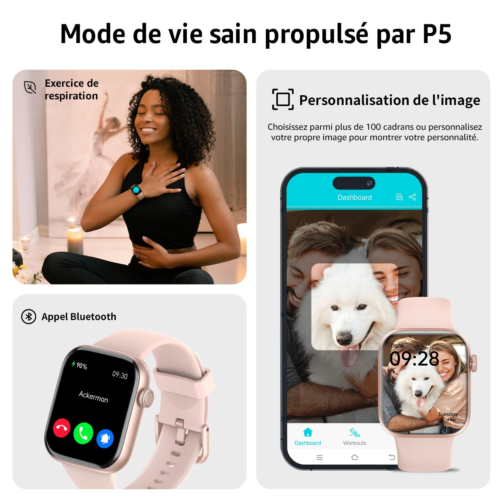 Montre Connectée Homme Femme, 1.85"HD Smartwatch avec Appel Bluetooth, Montre Connectee 140+Mode Sport Moniteur Sommeil/ Fréquence Cardiaque/Podomètre Etanche IP68 Montre Intelligente pour Android iOS