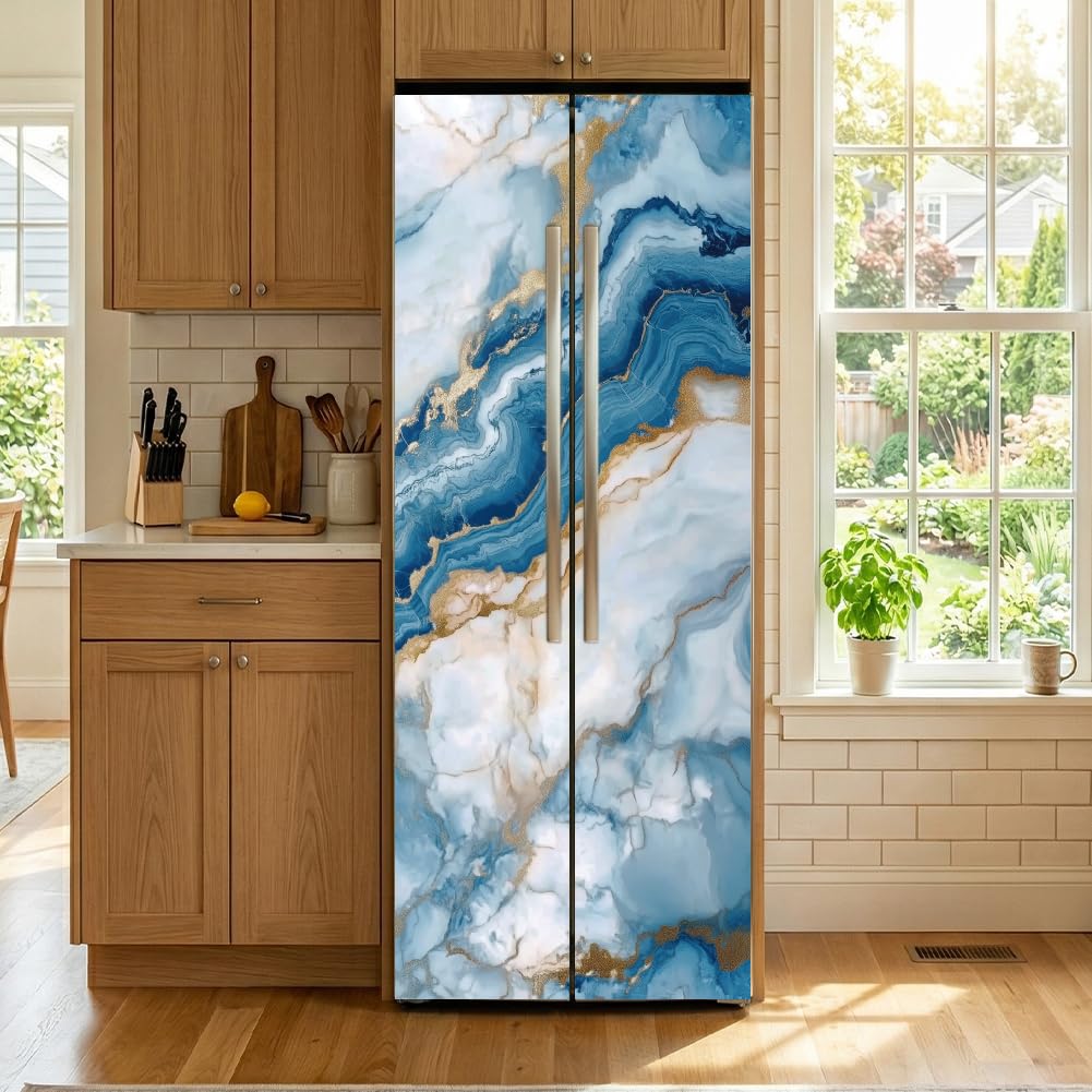 arricraft 2 Pcs Self-Adhesive 3D Door Sticker, 31.5"x78.7" Navy Blue and White Striped Wave Marble Texture Door Murals Stickers PVC Removable Wallpaper Decoration for Bedrooms Living Room — image 1