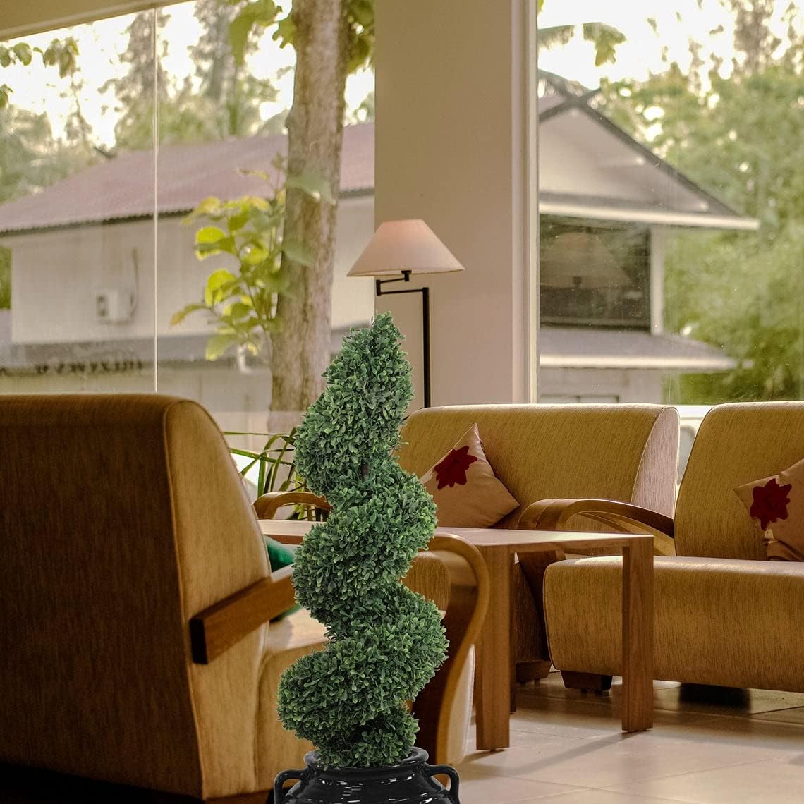 36" Boxwood Spiral Topiary Tree, Larksilk UV Resistant Outdoor Faux Boxwood Shrub, Pre-Potted Artificial Topiary, Fake Plant for Indoor Outdoor Front Porch & Garden Decor