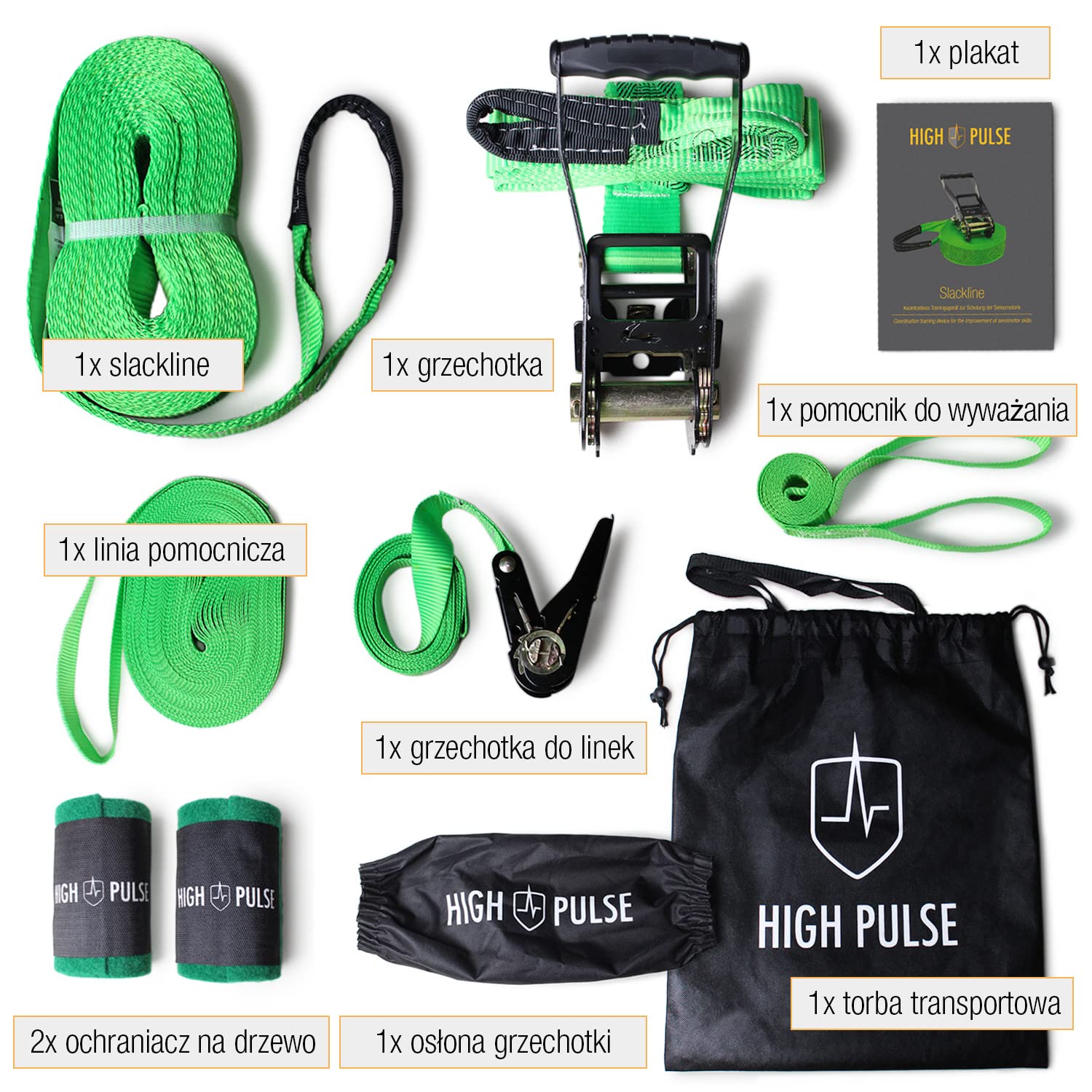 High Pulse® Zestaw Slackline | 15 m – kompletny zestaw Slackline (taśma 12,5 m + taśma zapadkowa 2,5 m) z grzechotką, osłoną grzechotką, linią pomocniczą, pomocnikiem do balansowania, ochroną drzew i