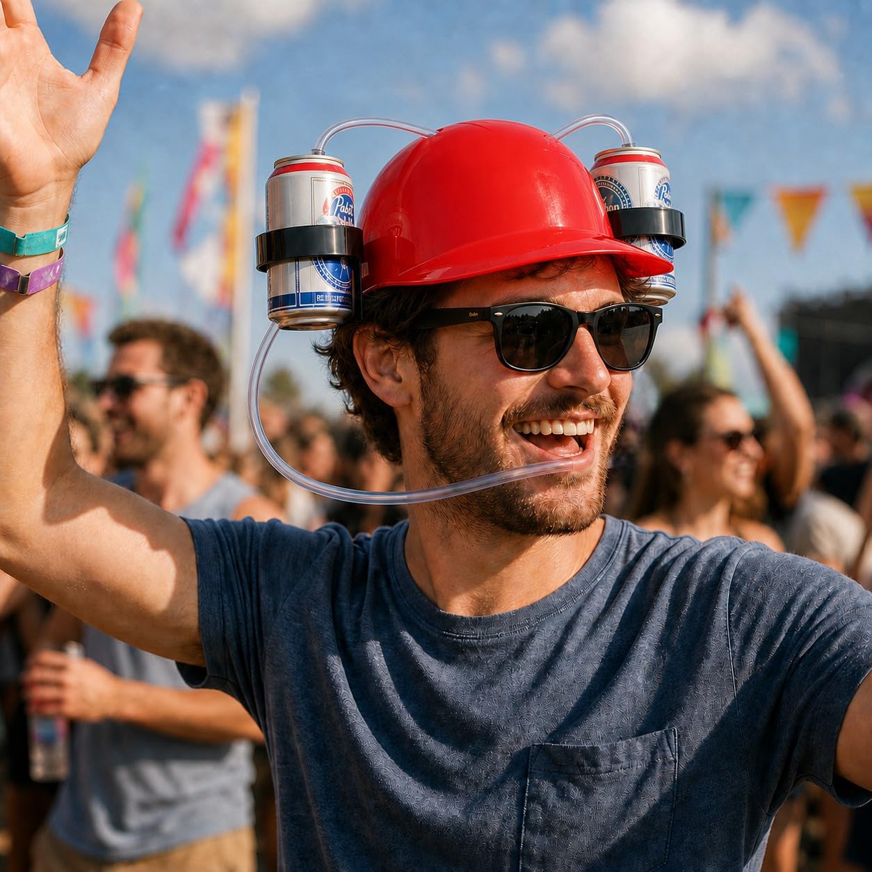 MIJOMA Casco per bere a mani libere con fattore di divertimento – Casco per bevande per feste, festival e carnevale – Supporto regolabile per lattine e bottiglie – Divertente gadget per feste