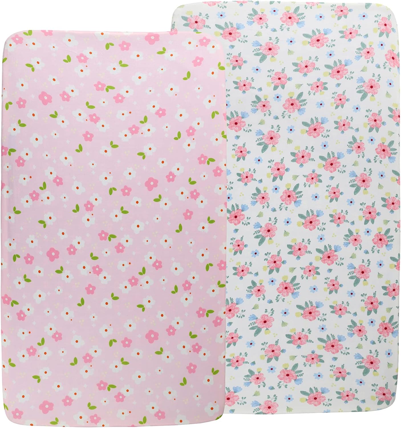 Crib Fitted Sheets 2 Pack Set for Baby Girl Soft Stretchy Jersey Knit Baby Sheet for Standard Crib and Toddler Mattress, Pink Floral