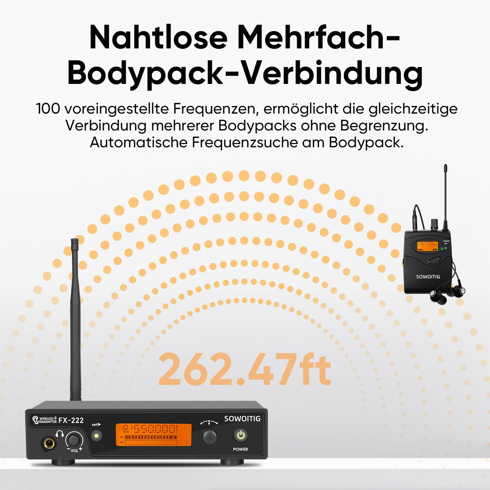 Kabelloses In-Ear-Monitoring-System – Professionelles UHF-IEM-System (Mono) mit Rackmount-Metall-Sender, 1 Bodypack-Empfänger mit Ohrhörer, 100 Frequenzen, 80 m Reichweite für Sänger & Bands