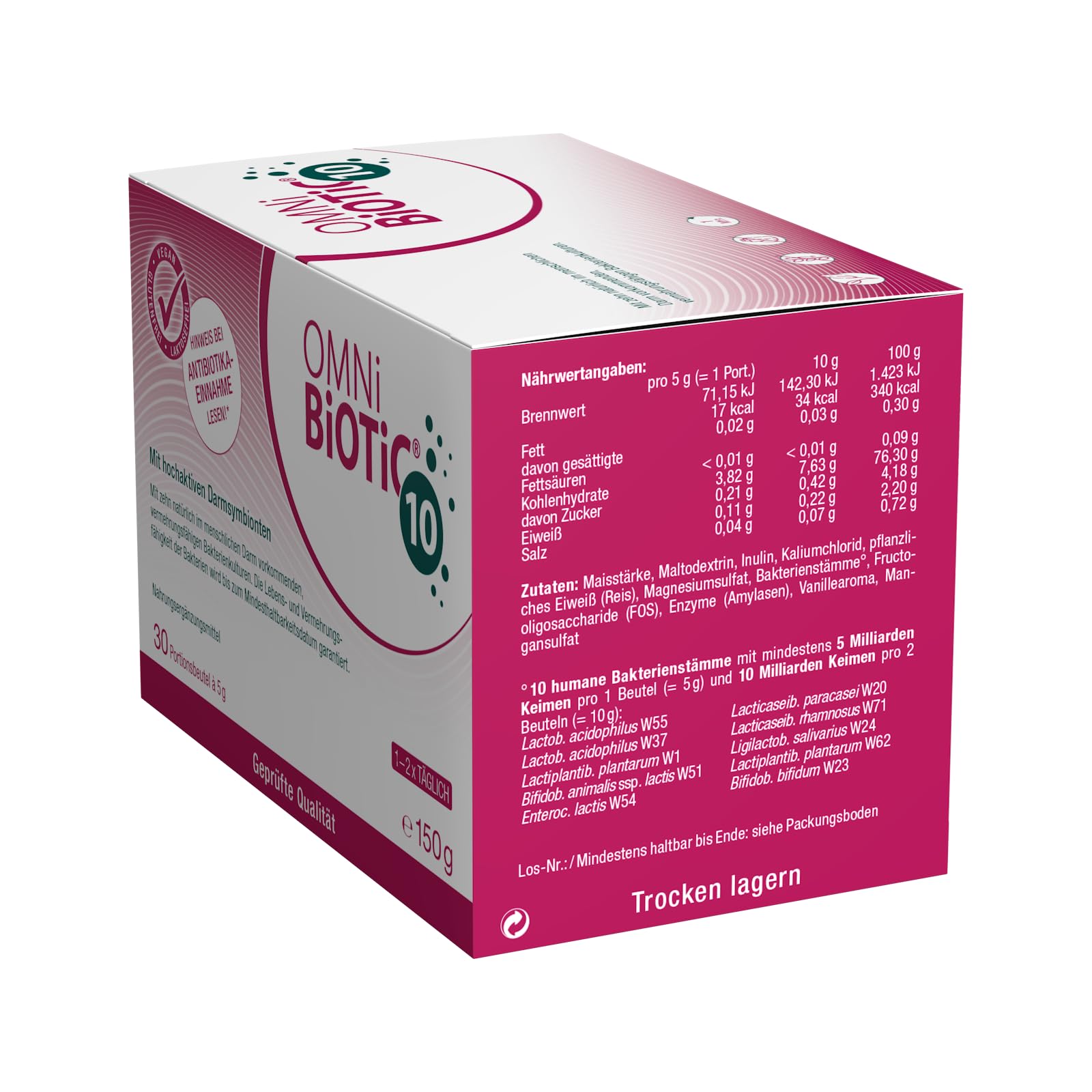 OMNi BiOTiC 10 | 30 porciones (150 g) | 10 cepas de bacterias | 10 000 millones de gérmenes por dosis diaria | Polvo | Con inulina | Vegano | Sin gluten | Sin lactosa | Para uso diario