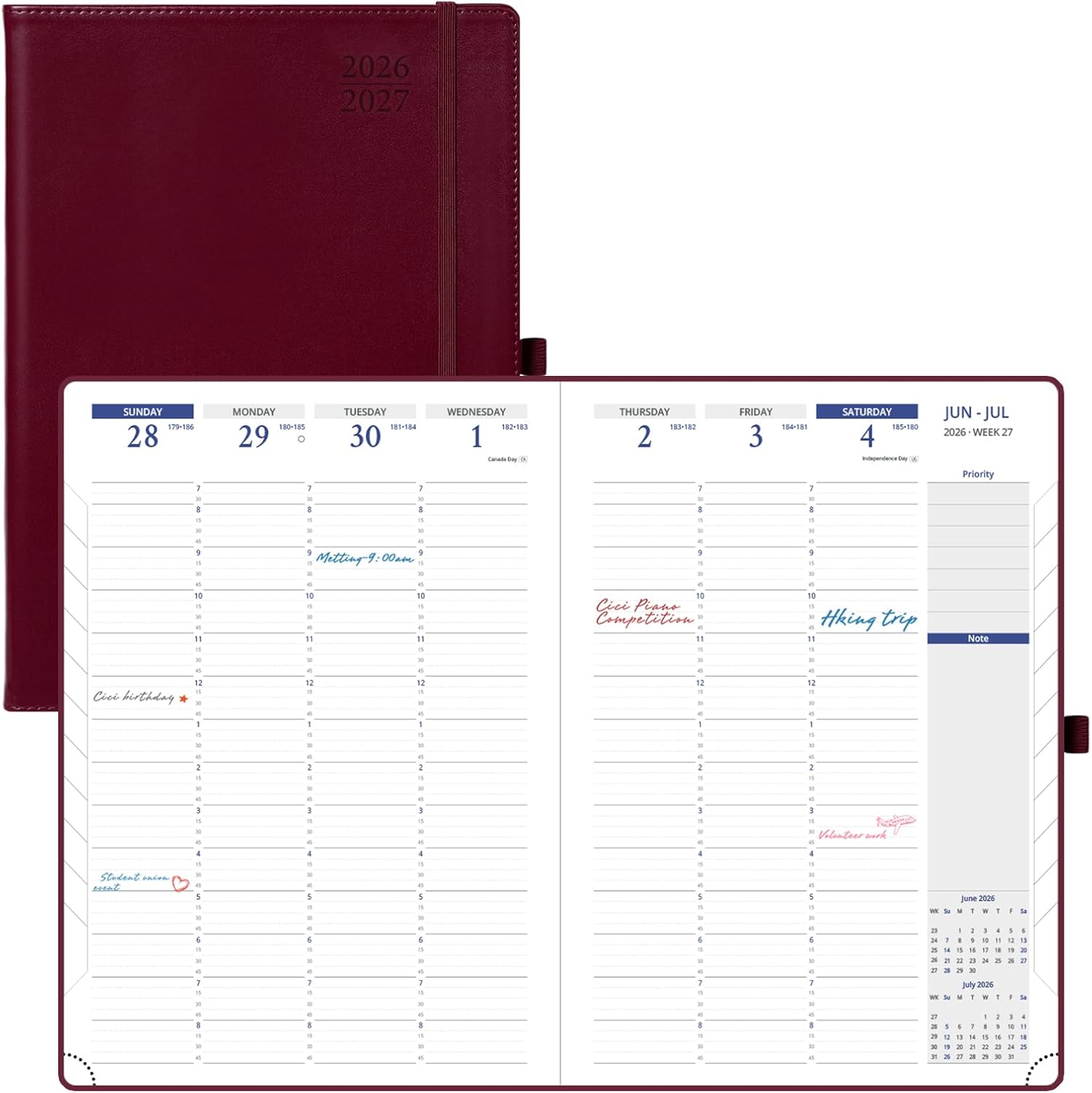 POPRUN Planner 2026-2027, Weekly And Monthly Planner (A4 Size 8.25" x 11.75"), 15-Minute Hourly Planner & Appointment Book (Jul 2026 - Jun 2027), Monthly Tabs, Inner-pocket - Burgundy