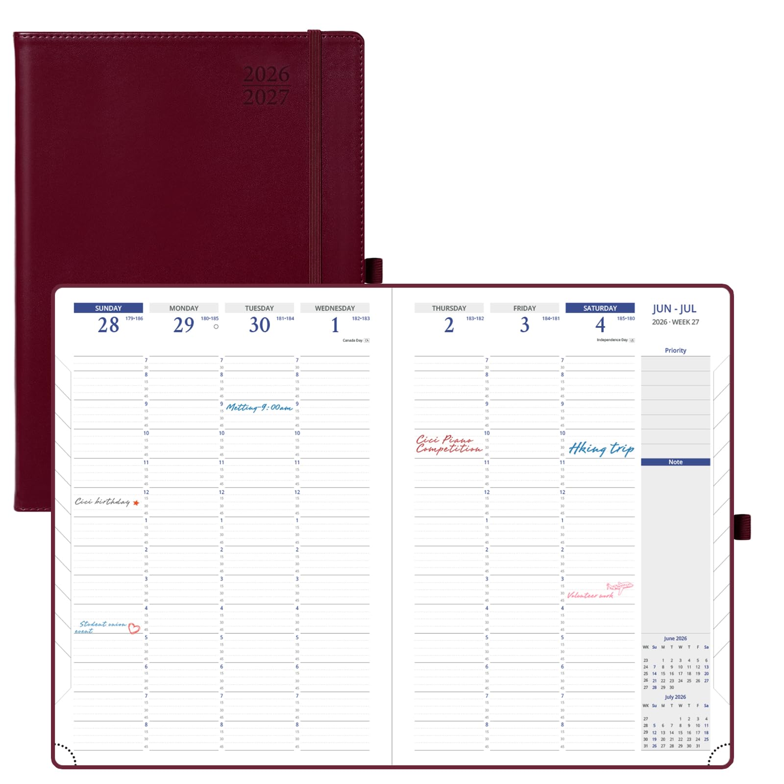 POPRUN Agenda 2026-2027, 21 cm x 29,84 cm, settimanale e mensile | Luglio 2026 – giugno 2027, agenda oraria e agenda appuntamenti da 15 minuti, linguette mensili, tasca interna, bordeaux