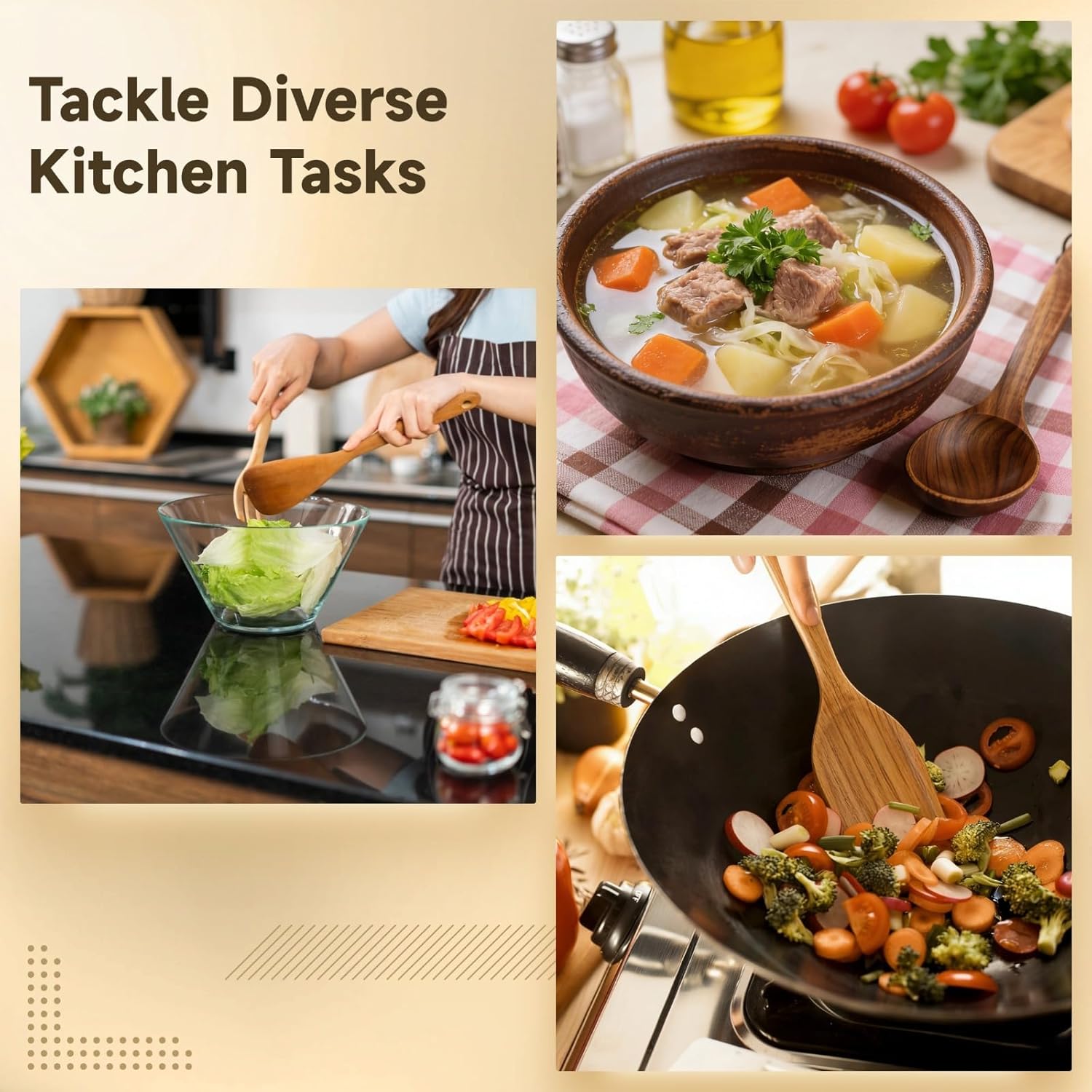 10 PCS Natural Teak Kitchen Cooking Utensil Set with Holder, Wooden Spoons for Cooking, Nonstick Safe Kitchen Utensils, Spatula Spoon Set with Spoon Rest Hooks, Natural Wood Kitchen Tools