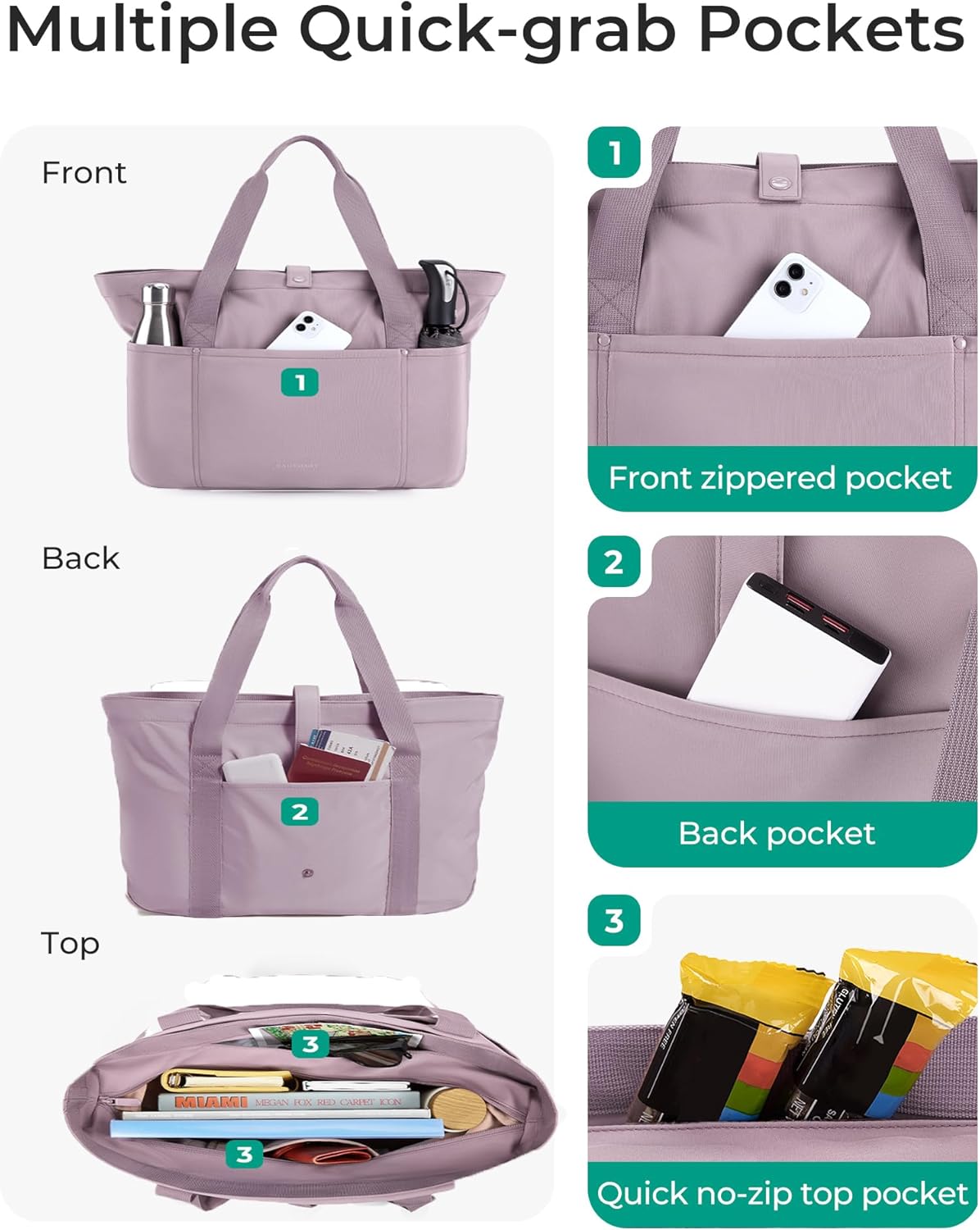 BAGSMART Tote Bag for Women, Foldable Tote Bag With Zipper Travel Large Shoulder Bag Handbag for Work - Image 5