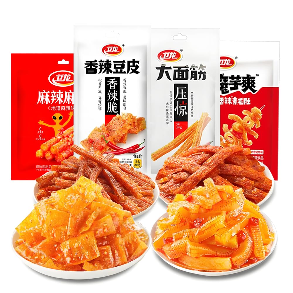 Chinese Spicy Snack Variety Pack, 4 Flavors - soybean skin, Gluten Strips, Konjac Jelly, Spicy Bars, Non-Fried, 60g-80g Bags