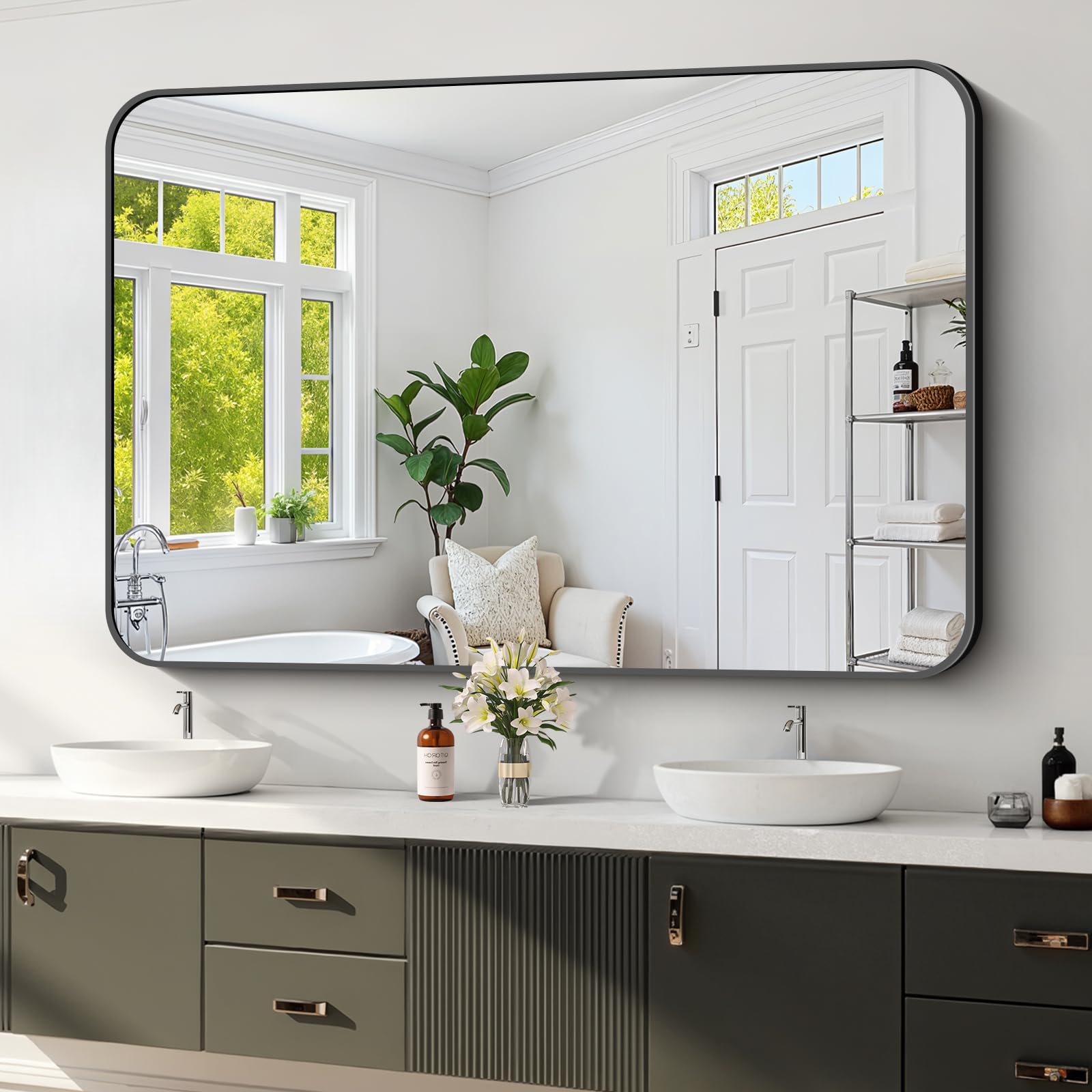 Koonmi Black Framed Bathroom Mirror - 36x55 Inch Shatterproof Tempered Glass Vanity Mirror for Bathroom Sink, Wall Mounted with Matte Aluminum Alloy Frame, No Distortion, Modern Decor