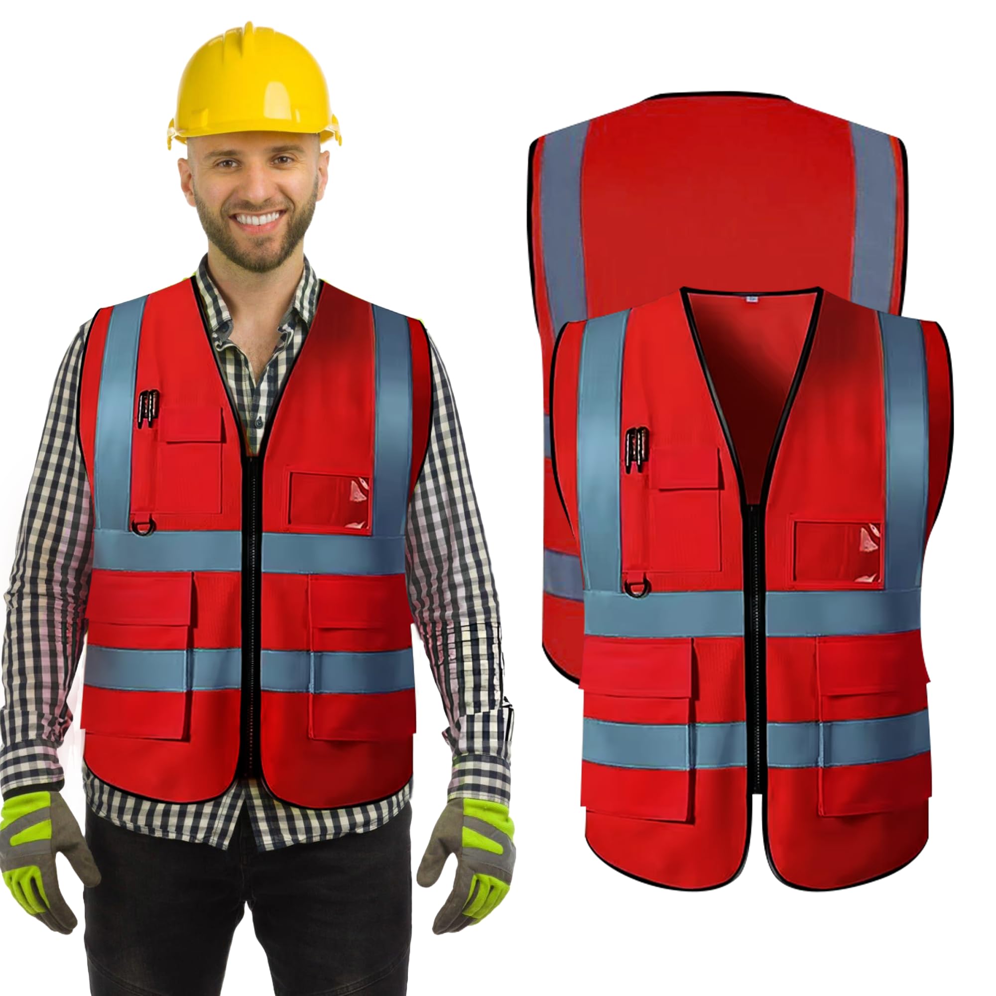 Wraplyft Hi Visibility Custom Safety Work Vest for Men and Women | Vest with Zipper Front and Multi Function Pockets - 360° Reflective Coverage with 2-Inch Reflective Tapes - (Red,XL)