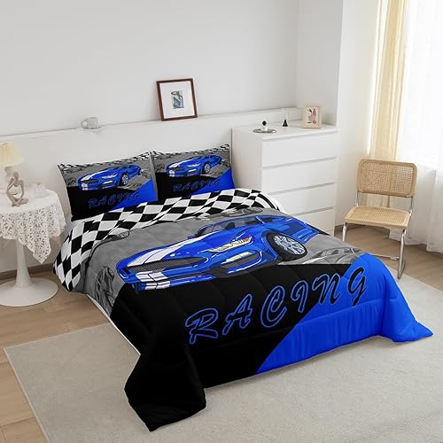 Miniatura 2 de Juego de edredón de coche de carreras para niños y niñas, edredón de coche deportivo de velocidad, tamaño matrimonial, juego de ropa de cama de