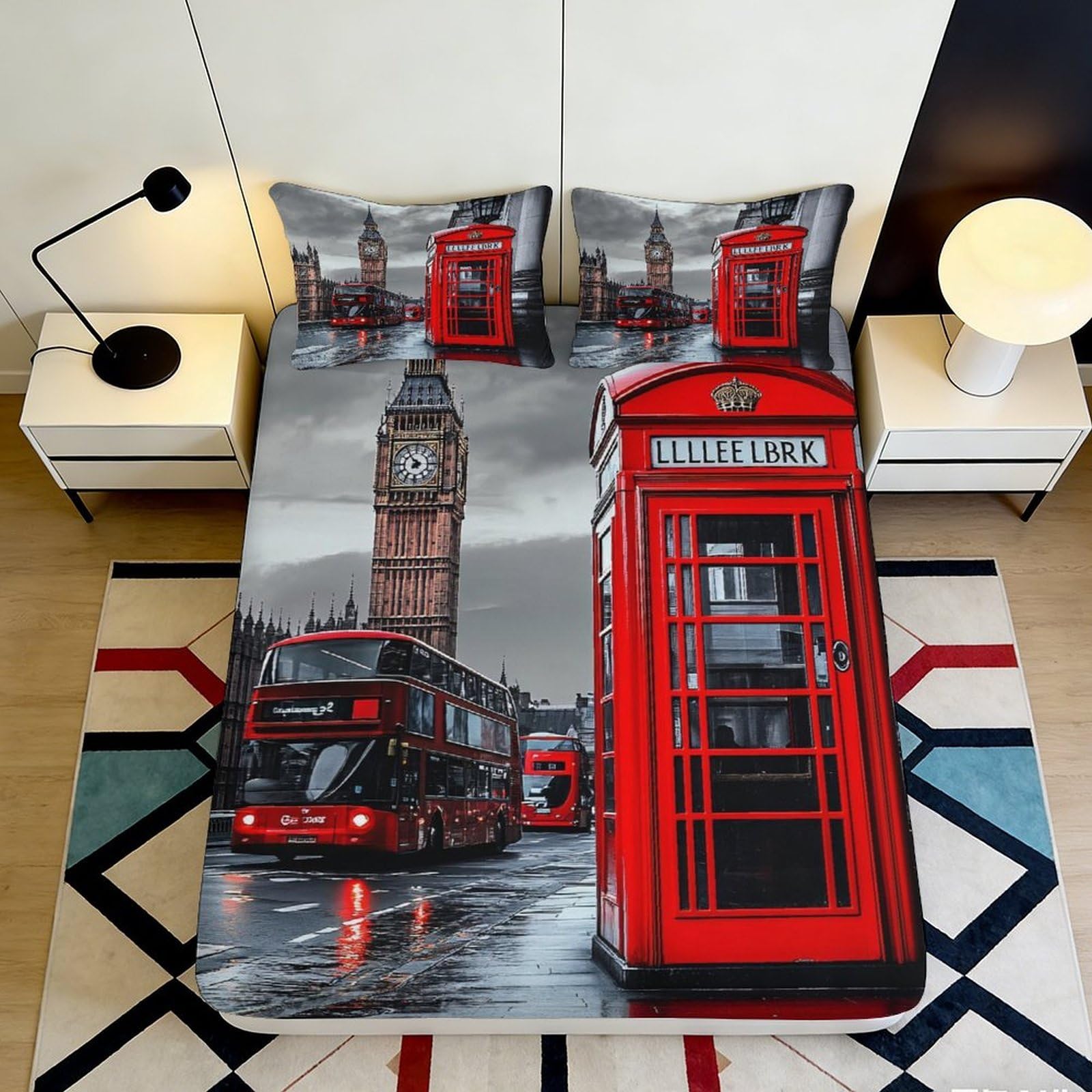 3D Printed London Red Telephone Booth Fitted Sheet Microfiber Soft Big Ben Bus Mattress Cover for Bedroom Dorm Decor 90x200x25cm