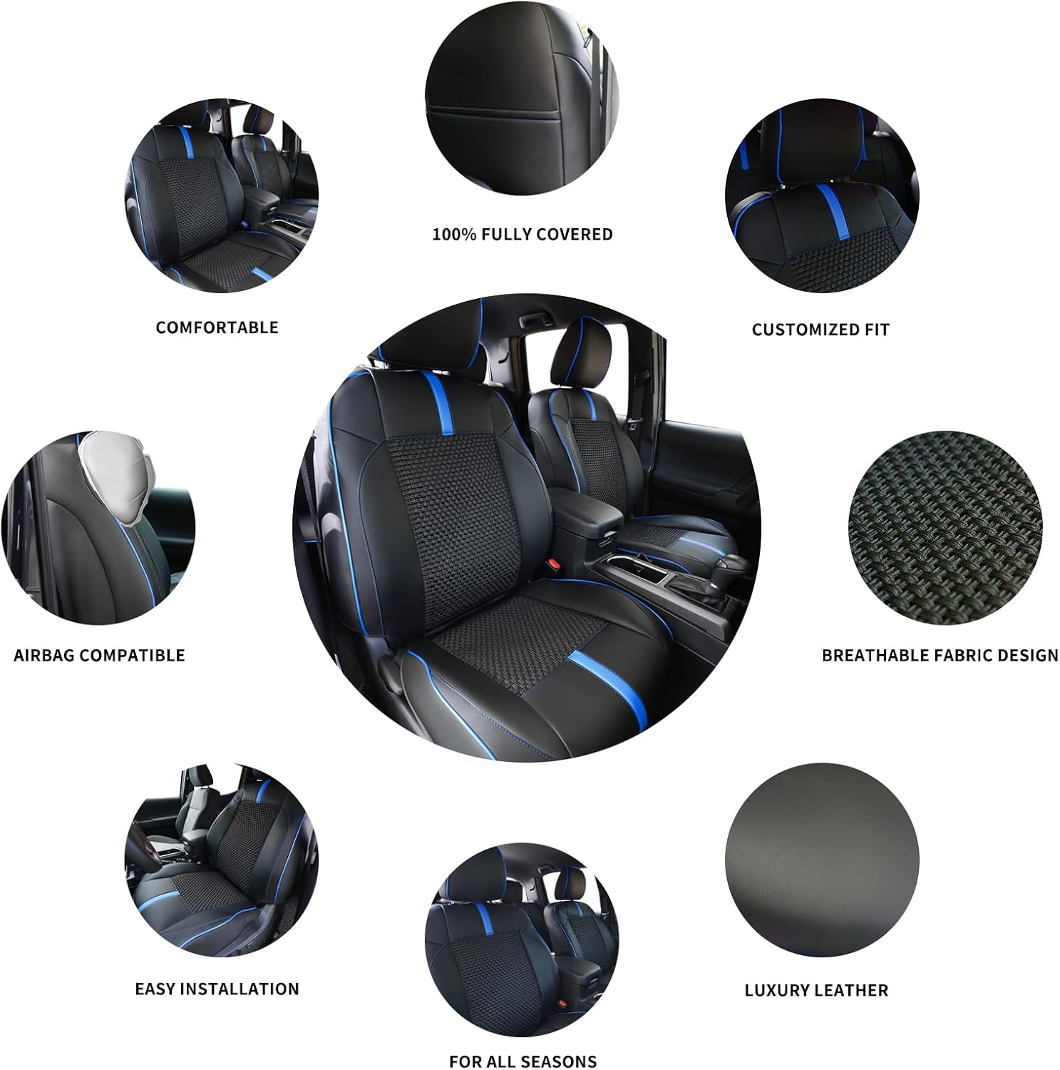 Front Seat Covers Custom Fit for Toyota Tacoma 2016-2023 Double & Crew Cab SR,SR5,Limited,TRD Sport,TRD Pro,TRD Off-Road,Full Coverage Leather Seat Covers,Interior Accessories,Blue Black