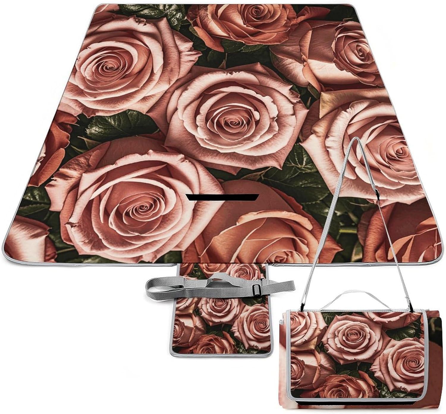 Outdoor Picnic Blanket Extra Large Beach Blanket Waterproof Picnic Mat Rose Wallpaper Camping Blanket Portable with Carry Strap Park Blanket for Grass Camping Park