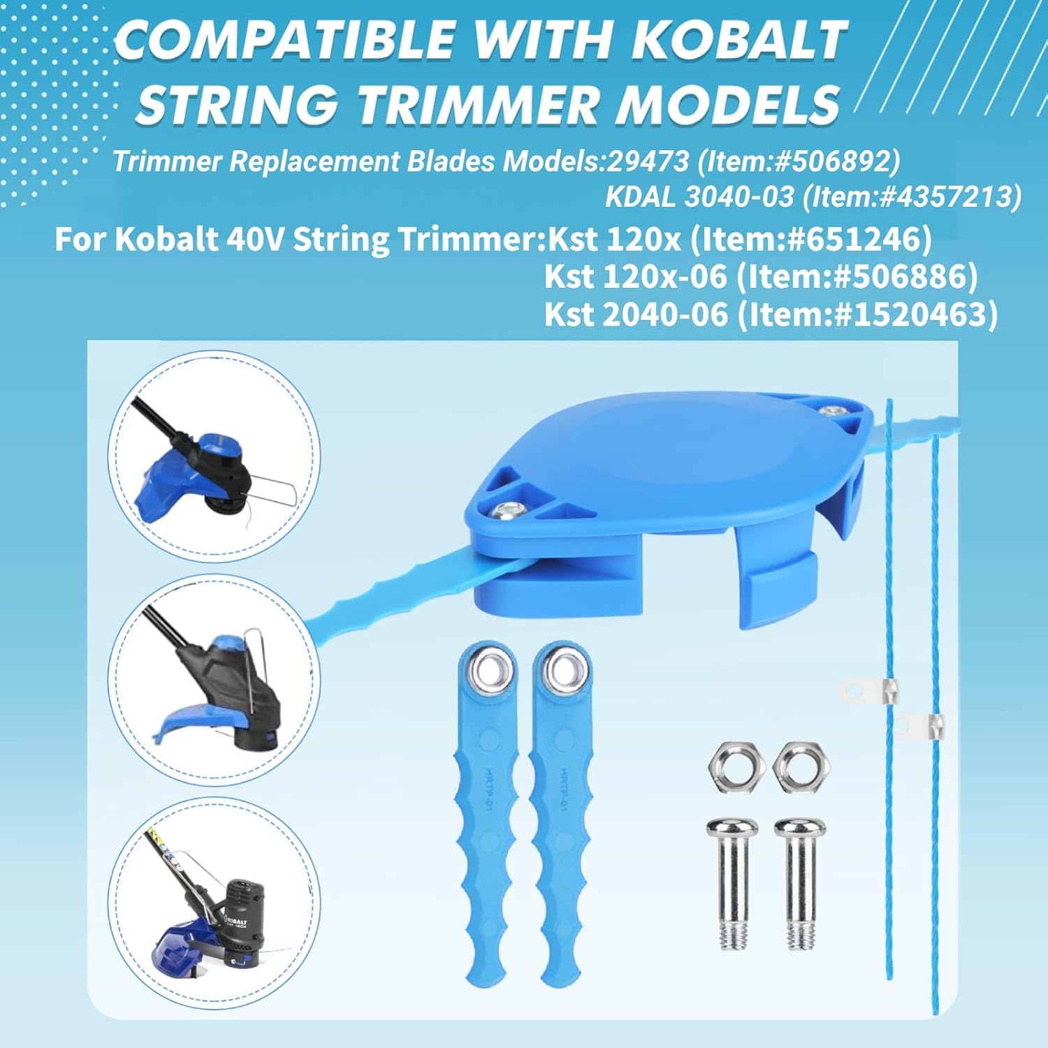 34 Pack KST 120X Quickload Serrated Blades & 0.12" Pre-Cut Line Compatible with Kobalt 40-Volt Max KST120X-06 KST 2040-06 KDLA 3040-03 Weed Eater String Trimmer Edger,with Screw Parts(53 Pack)