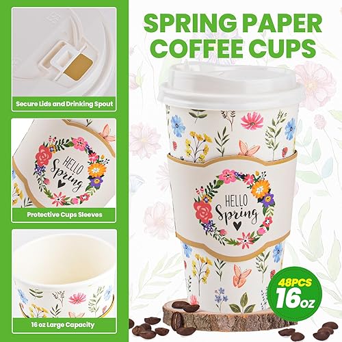Miniatura 4 de Juego de 48 tazas de café desechables florales de primavera con tapas y fundas de 16 onzas, tazas de papel Hello Spring To Go para bebidas para