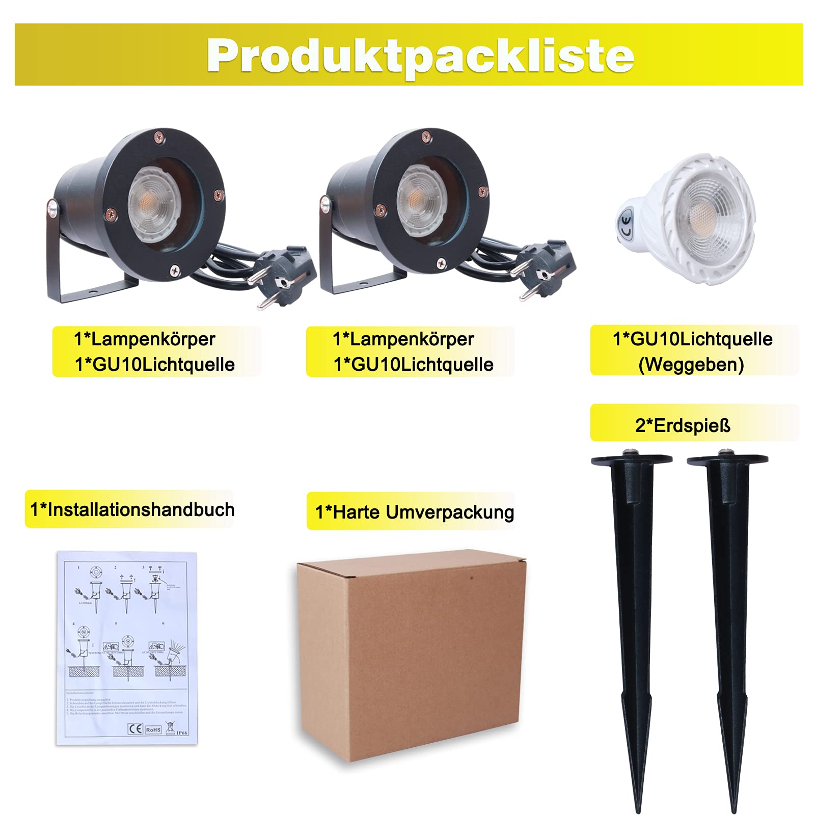 Gartenleuchte mit Erdspieß 4W LED Gartenstrahler mit GU10 IP66 Wasserdicht Gartenlampe mit Stecker Warmweiß 3000K Led Strahler für Außen Garten Rasen Baum Wiese(2er Pack)
