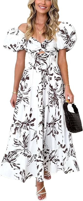 Womens Short Puff Sleeve Summer Wedding Guest Flowy Long Dress Smocked Boho Beach Vacation Dress