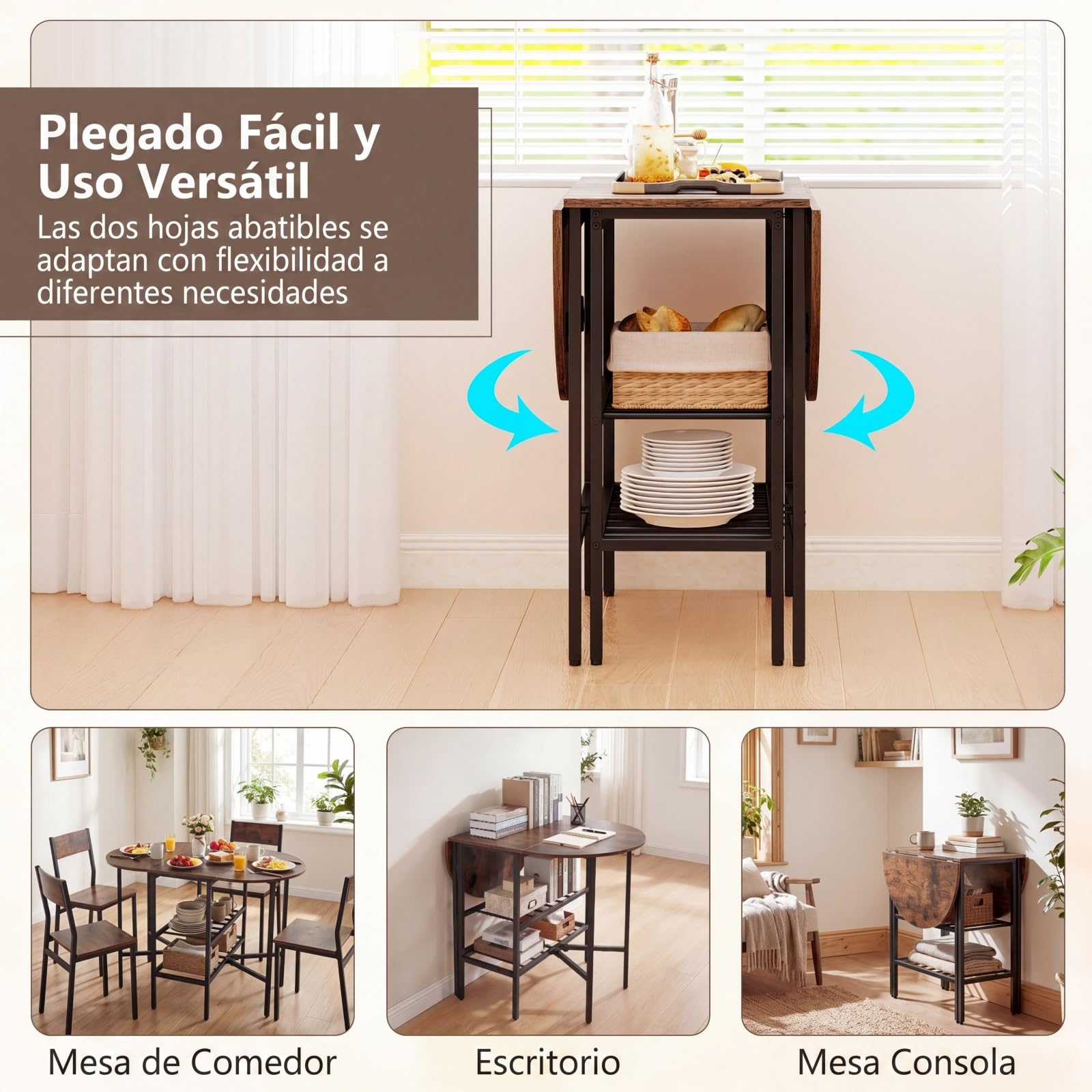 COSTWAY Mesa de Comedor Extensible, Mesa de Cocina Plegable con 2 Hojas Abatibles, 2 Estantes de Almacenamiento, Estructura de Metal, para Sala de Estar, Espacios Pequeños, 110 x 70 x 76 cm (Marrón)