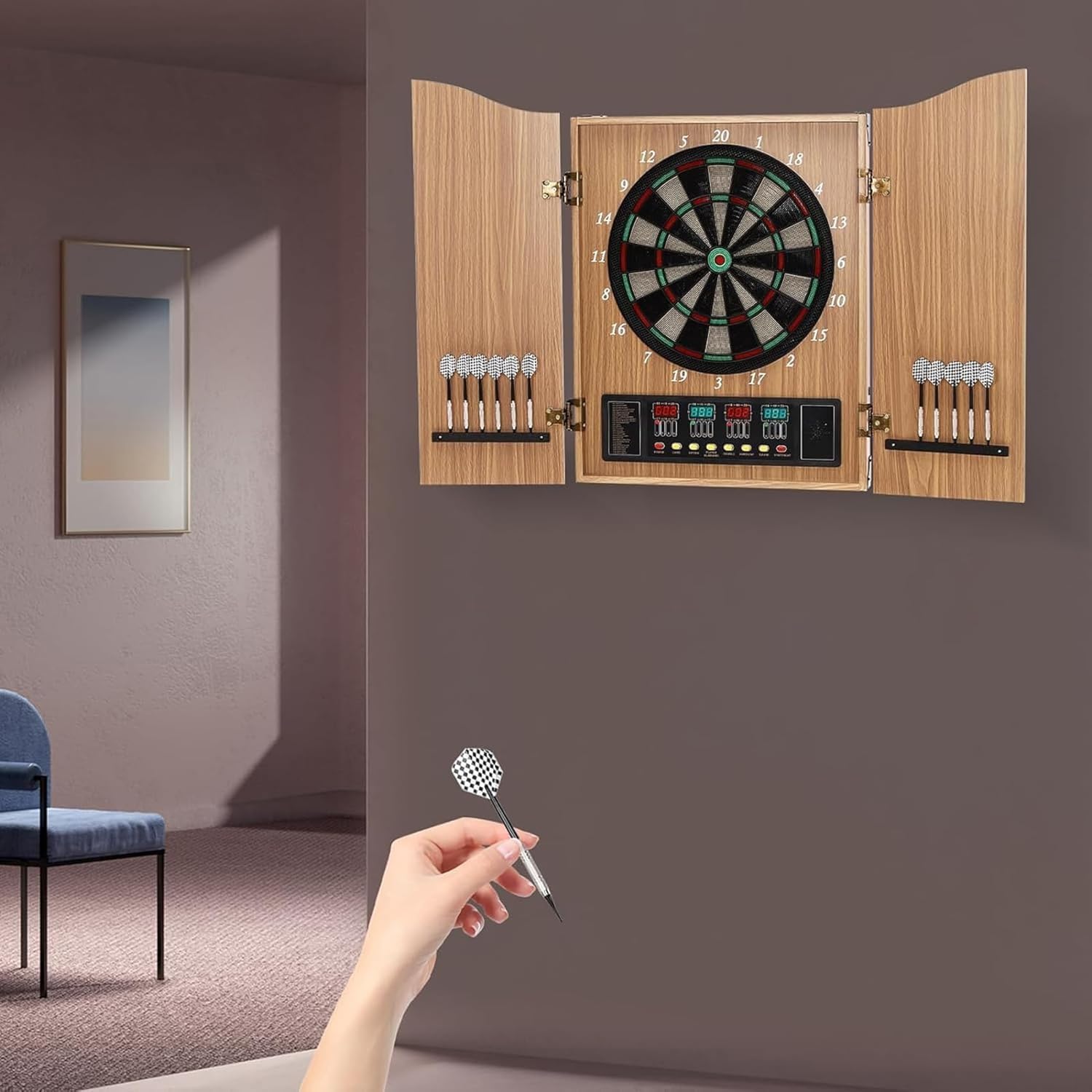 Set di freccette elettroniche – Tavola in legno da 45,7 cm con display a 4 LED, gioco di freccette multiplayer per feste e sale giochi, 243 opzioni di gioco