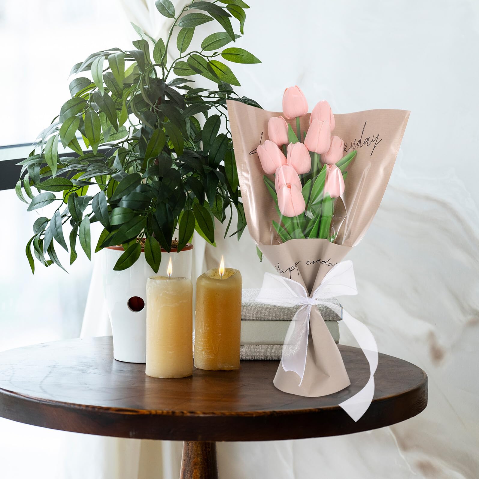 YARNOW Bolsas de Papel Kraft para Flores Embalaje de Flores para Bodas Cumpleaños Día Madre con Cinta de Poliéster Individuales