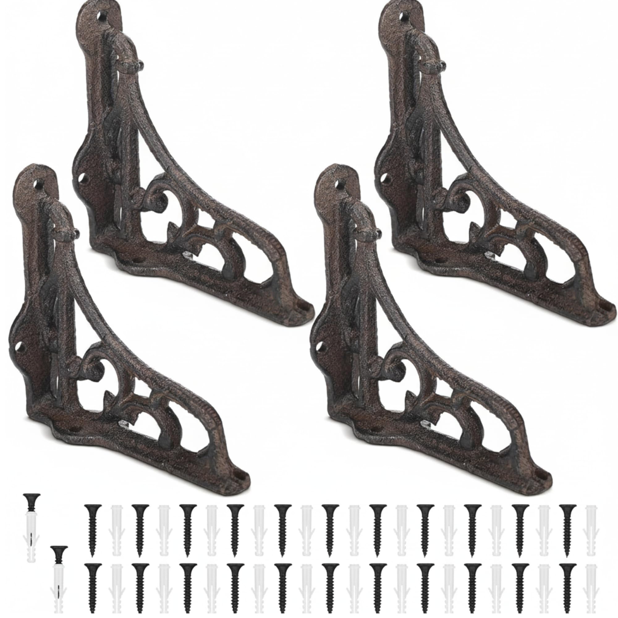 Otoolling 4 Pcs 4 1/8"×3 5/8" Rust L Shape Antique Cast Iron Shelf Brackets Vine Brace Wall Brackets Heavy Duty Vintage Decorative Shelf Small Baroque Style for Rustic Farmhouse Vintage Shelving — image 1