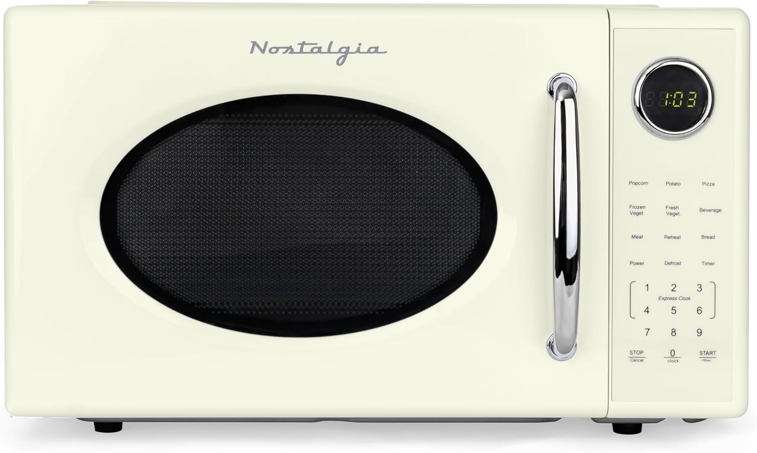 Nostalgia Horno microondas retro de 1000 W, capacidad de 1.1 pies cúbicos, bloqueo de seguridad para niños, 8 ajustes de cocción automática, aparato
