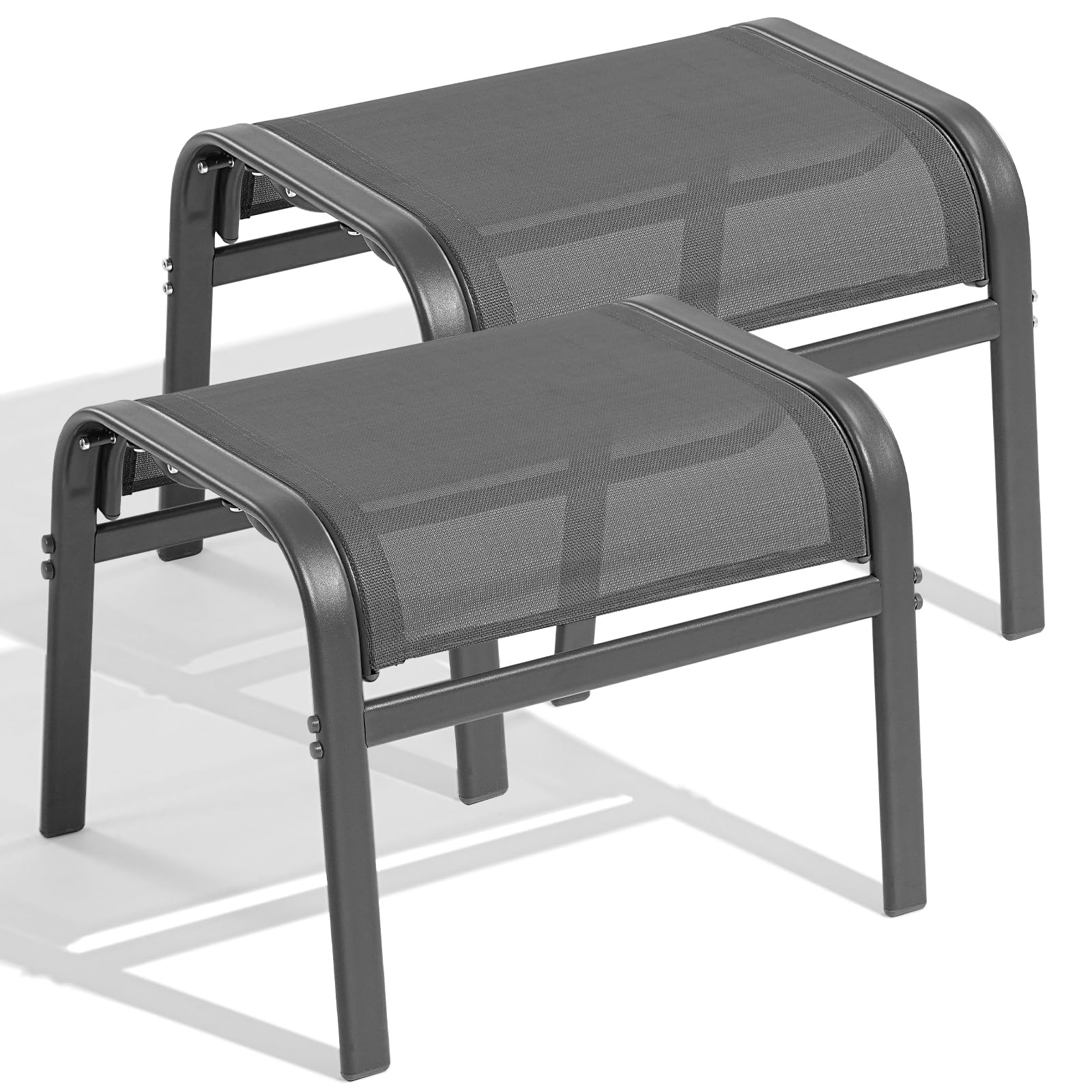 Outdoor Ottoman Set of 2, All Weather Outdoor Foot Stool with Supportive Textliene and Metal Frame, Stackable Oversized Outdoor Foot Rest for Furniture Patio Garden Pool, Grey