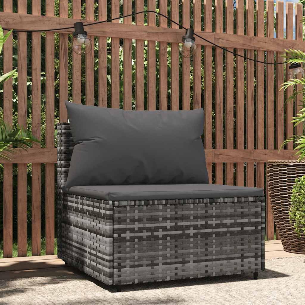 vidaXL Garten Mittelsofa, Gartensofa mit Kissen Stahlrahmen, Modular Sofa für Garten Terrasse, Gartenmöbel Loungemöbel, Grau Poly Rattan