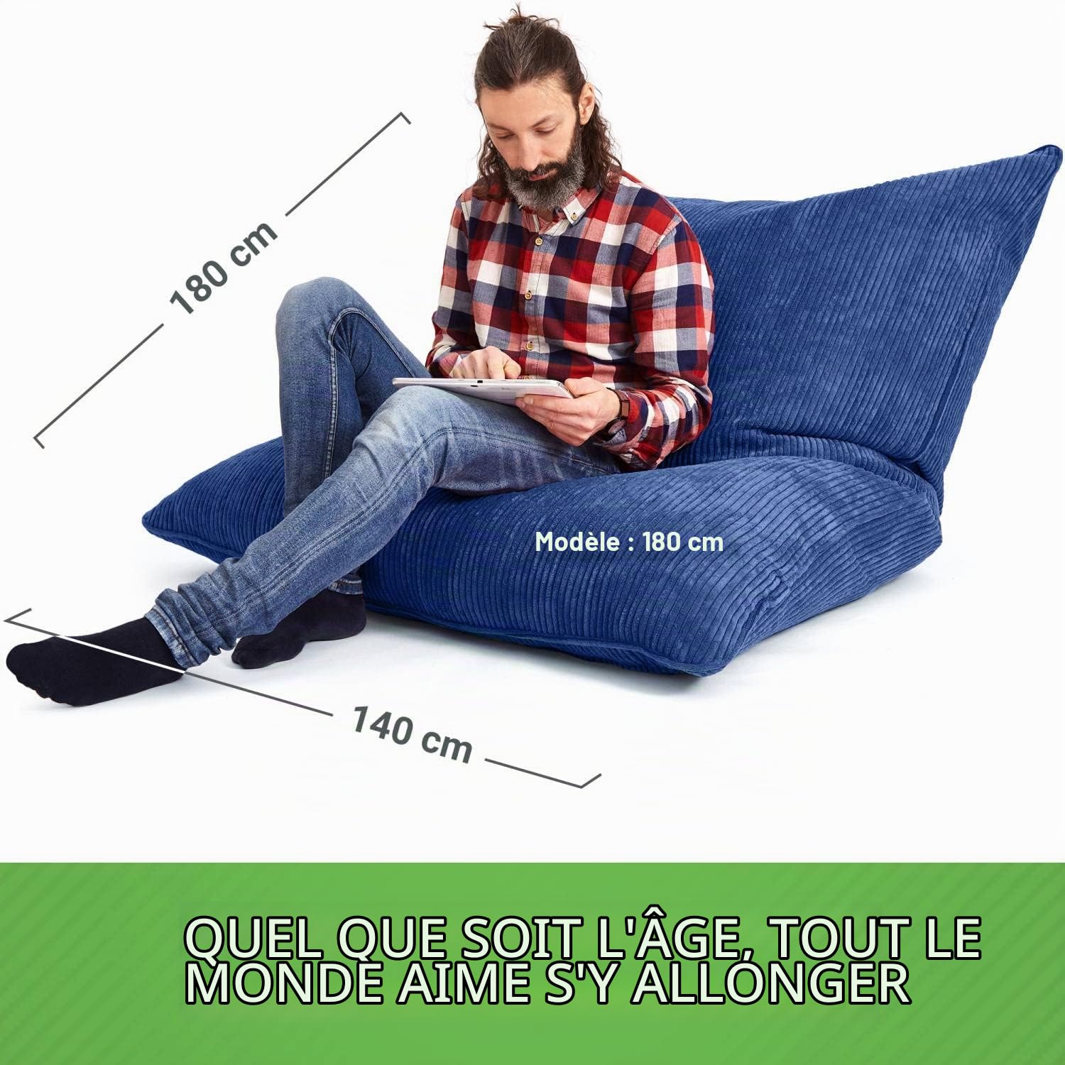 Green Bean© XXL Pouf en Velours Côtelé 370 litres Remplissage de Perles EPS - Doux Moelleux Robuste & Tissu Lavable Coussin de Sol Coussin de Repos Coussin de Siège
