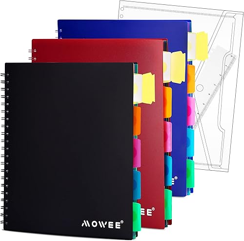 Cuaderno de espiral Cuaderno de 5 materias, cuaderno de rayas universitarias con bolsillo divisor, etiqueta de pestañas (paquete de 3 multicolor)
