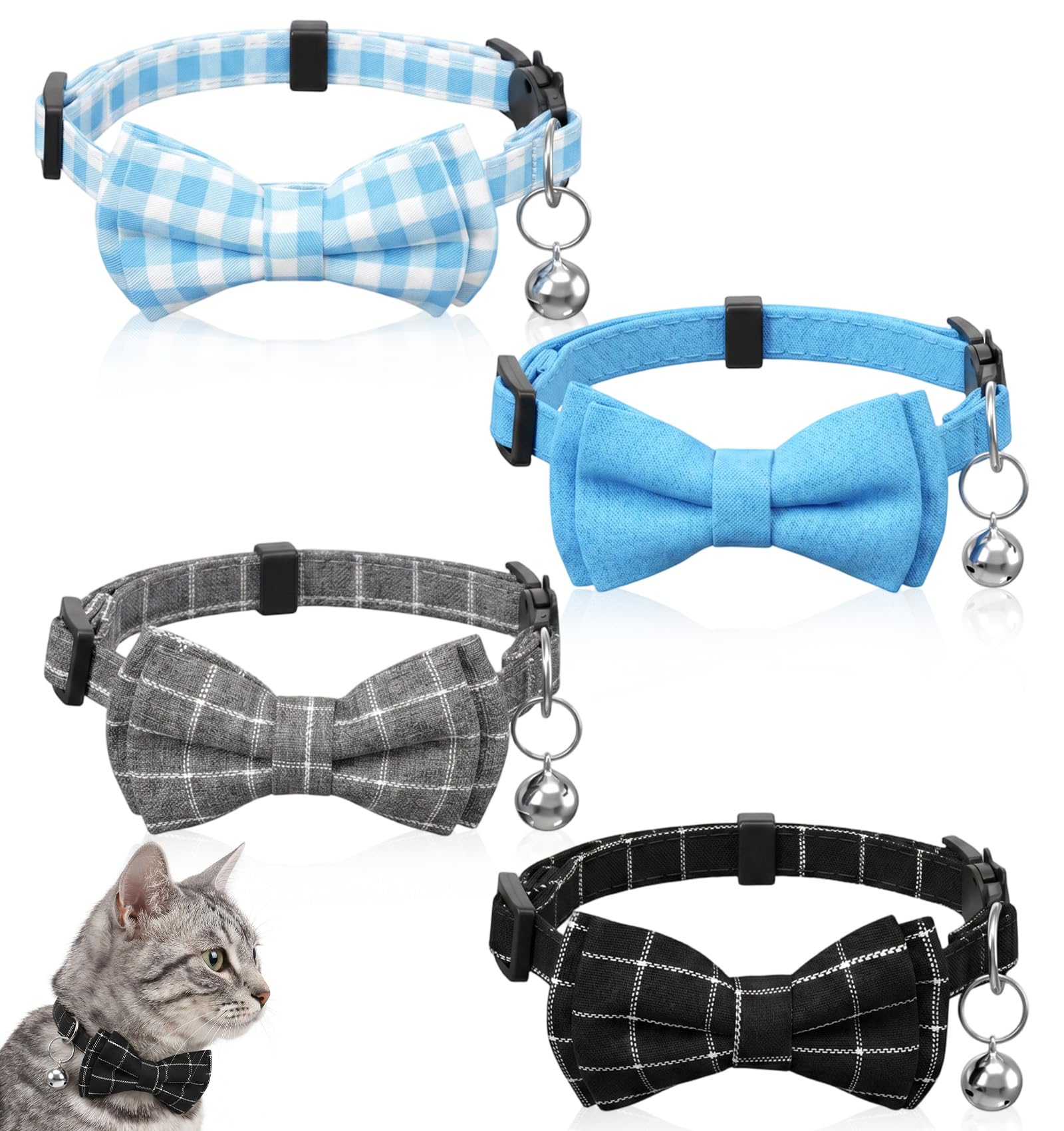 4pcs Cat Bow Tie, Boy Cat Collar with Bow Bell Breakaway