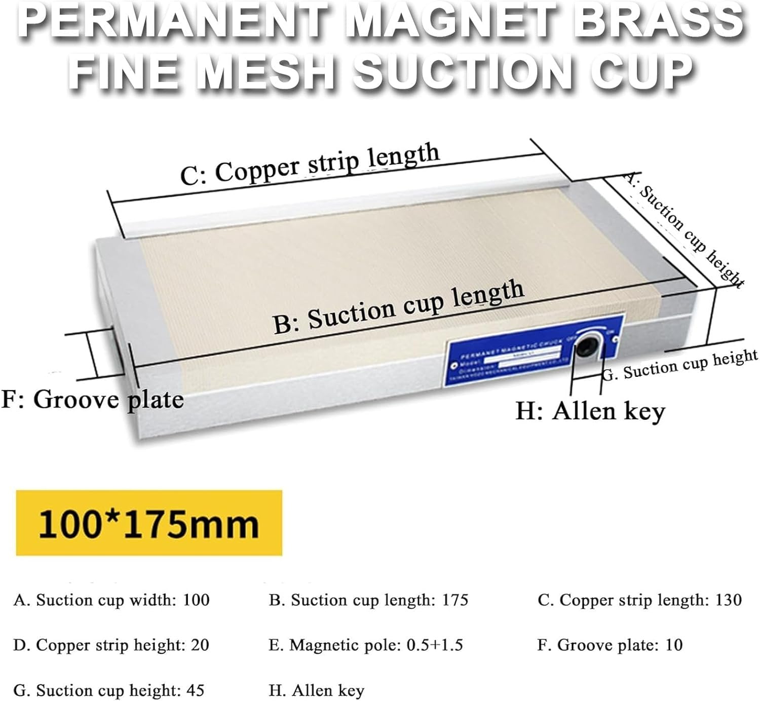 Professional Permanent Magnetic Chuck, Rectangular Clamping Chuck, 0.5+1.5 Magnetic Pole, for Precision Grinding Milling and Lathe Workholding Includes Wrench for Easy Operation