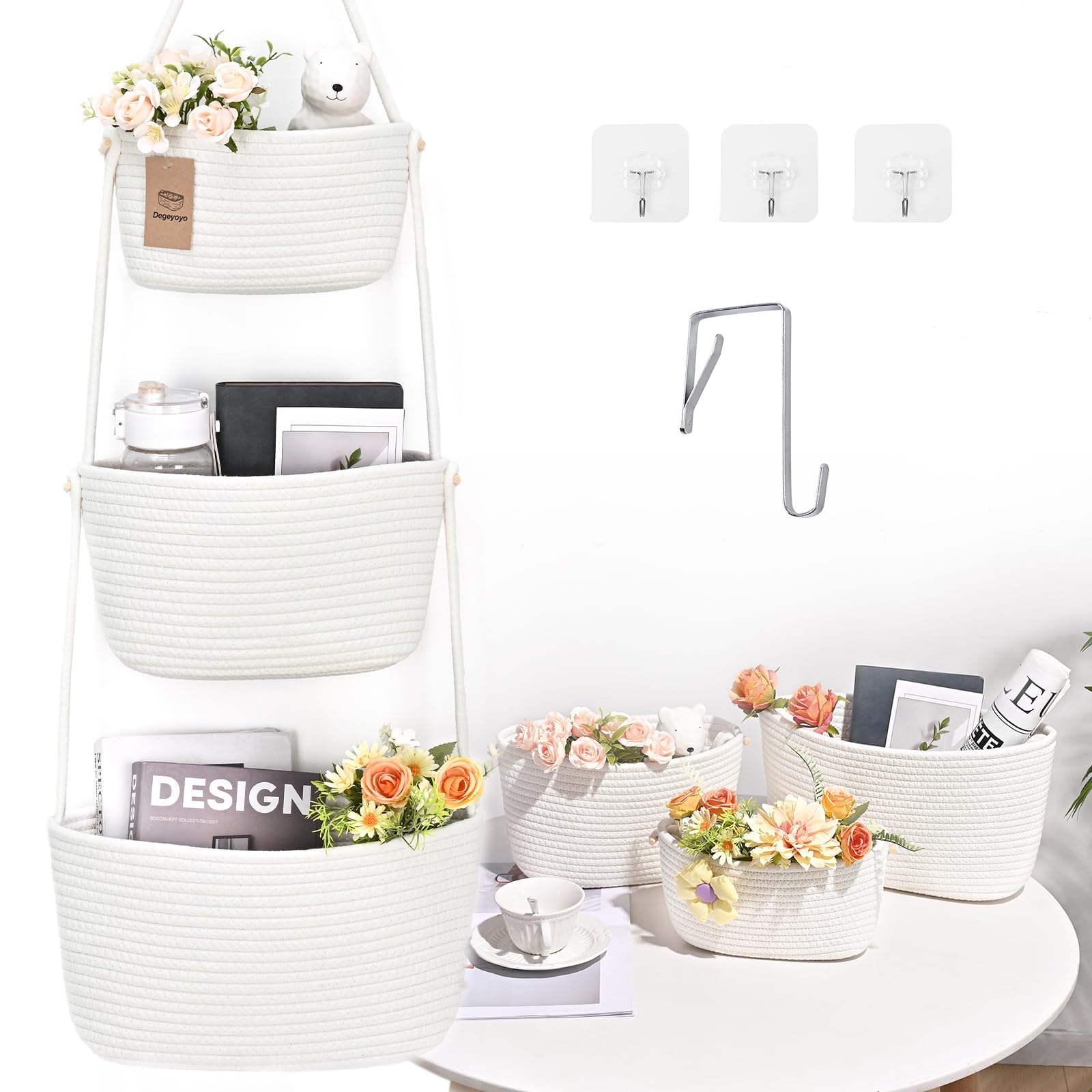 Hanging Basket, 3-Tier Woven Wall Basket with 4 Hooks, Cotton Rope Storage Baskets, Over the Door Organizer for Nursery, Bedroom, Cottage and Boho Wall Decor