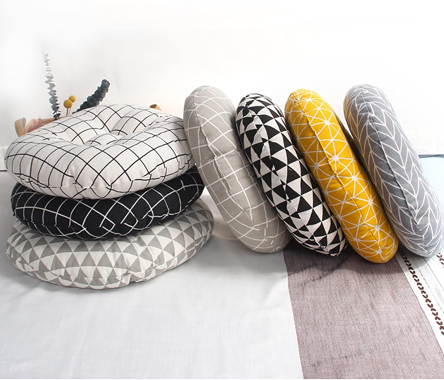 Round Seat Cushion,Cotton Linen Geometric Chair Cushion Soft Thicken Yoga Meditation Cushion,Kitchen Office Dining Ottoman Floor Pillow Chair Pad for Living Room Balcony-F Diameter:50cm(20inch)