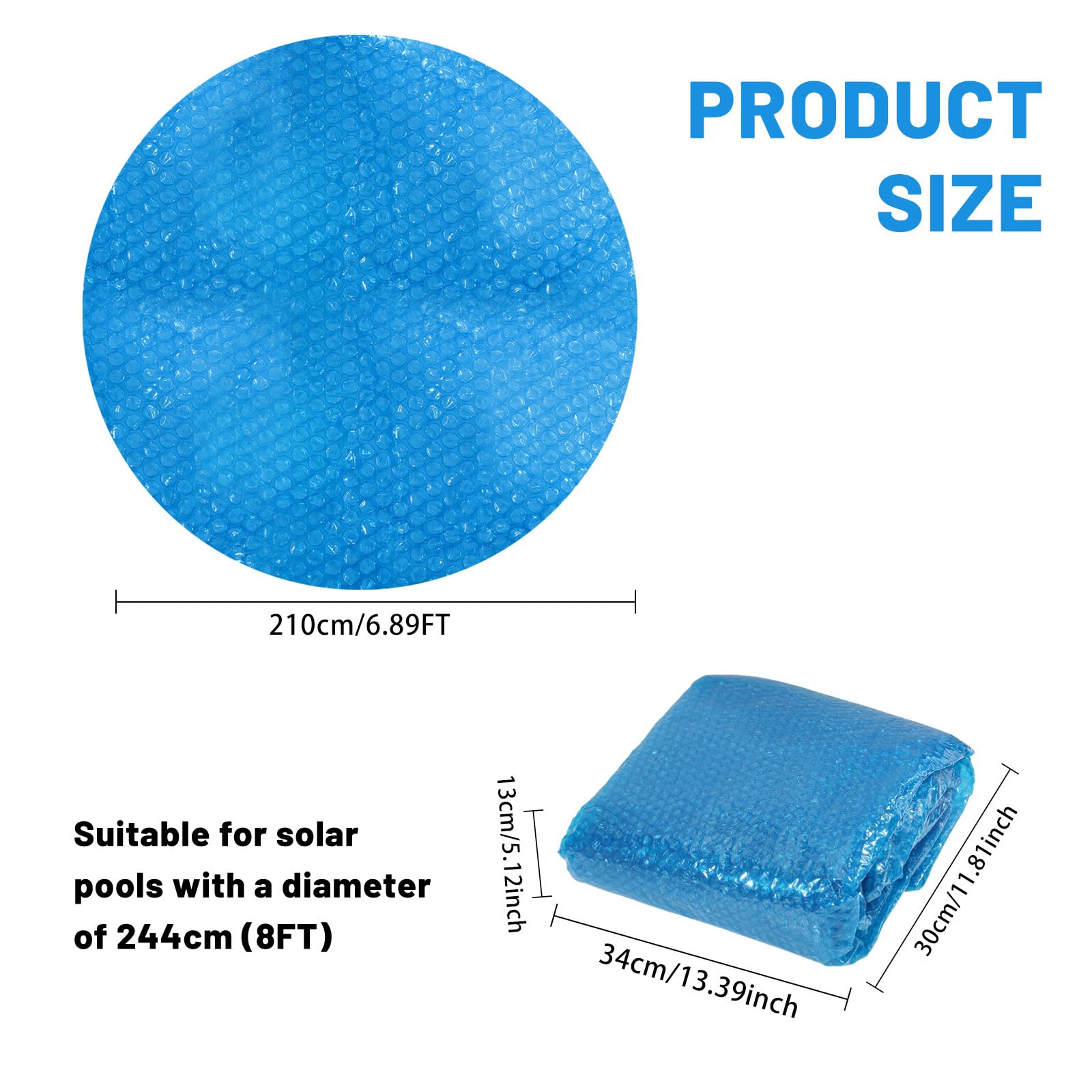 FREEBLOSS Cubierta solar para piscina de 210 cm, manta térmica flotante para spa, cubierta de burbujas para piscinas de agua caliente, piscina, calefacción solar