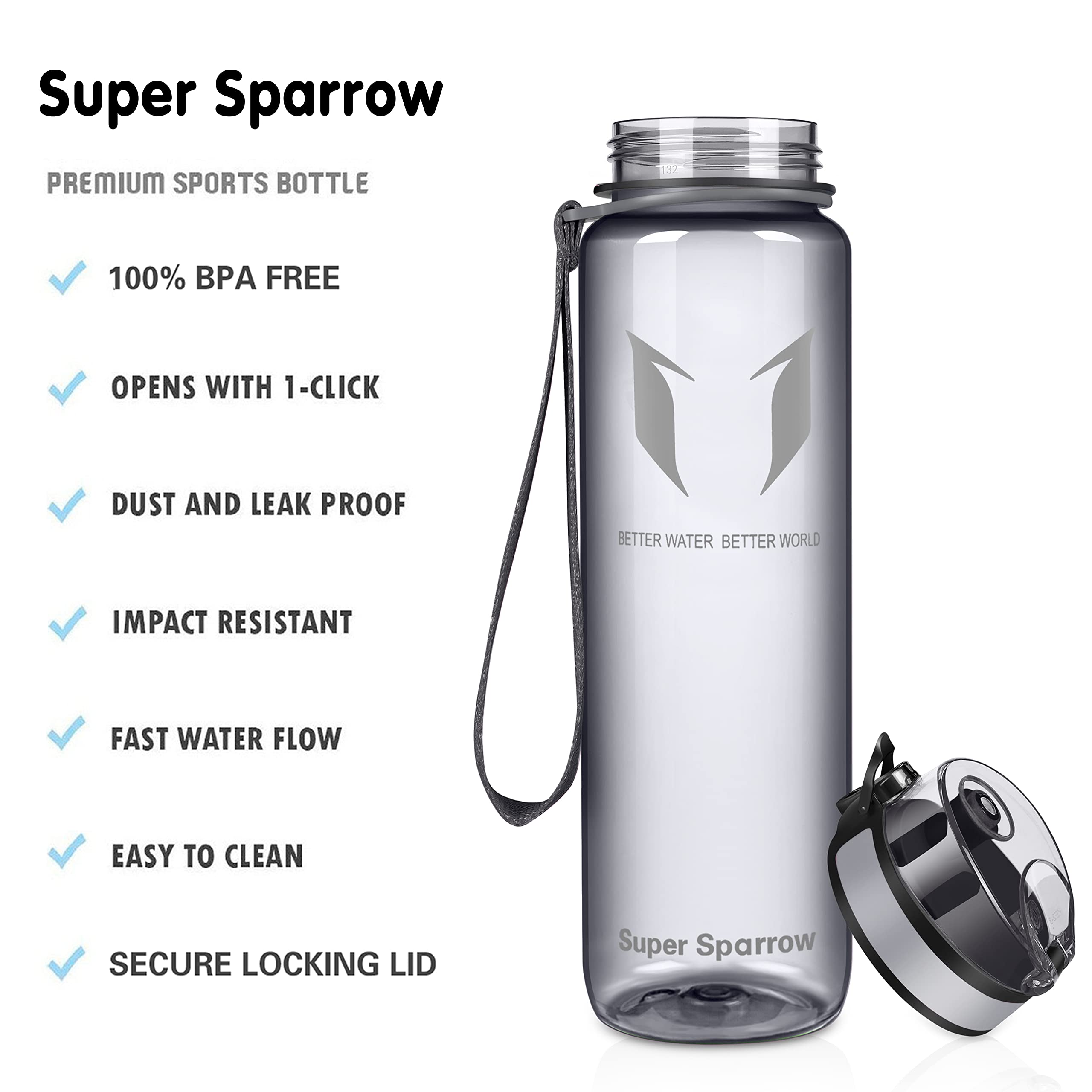 Super Sparrow Borraccia Sportiva & Bottiglia Bambini Senza Perdite - 1L Bottiglia Acqua Plastica Riutilizzabile - Senza BPA