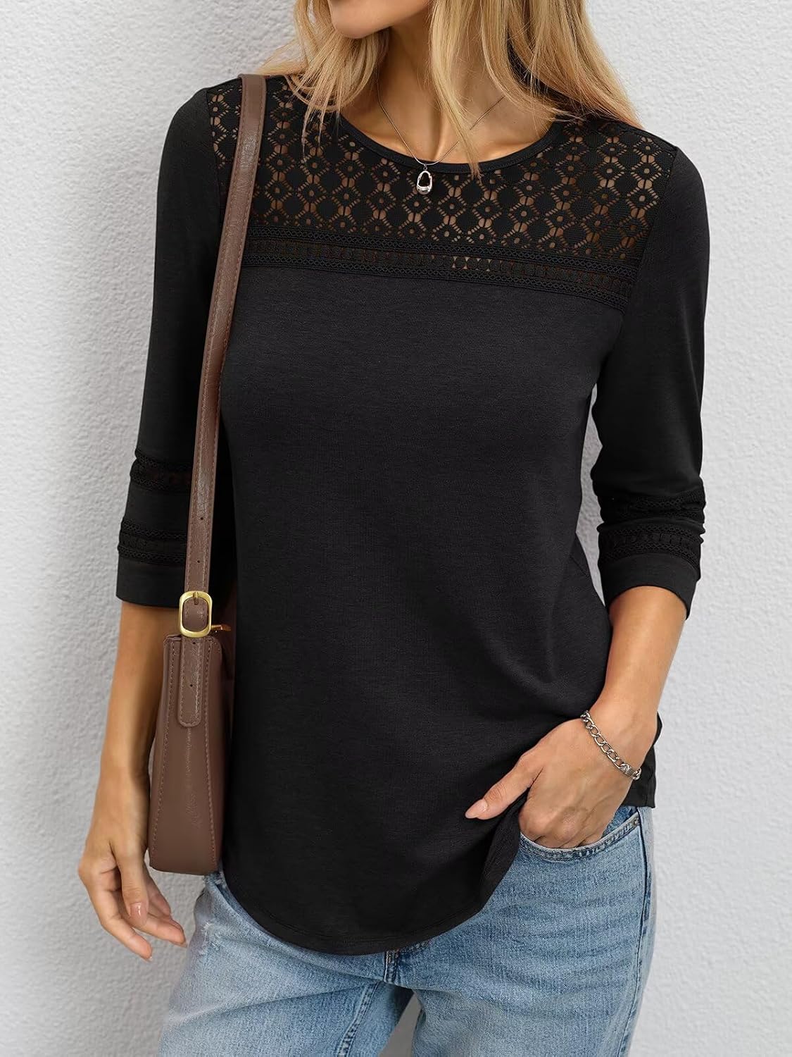 TICTICMIMI Womens Hollow Out Lace Tunic Tops Crewneck 3/4 Sleeve Blouses Dressy Casual Fashion Trendy Curved Hem Shirts 2026