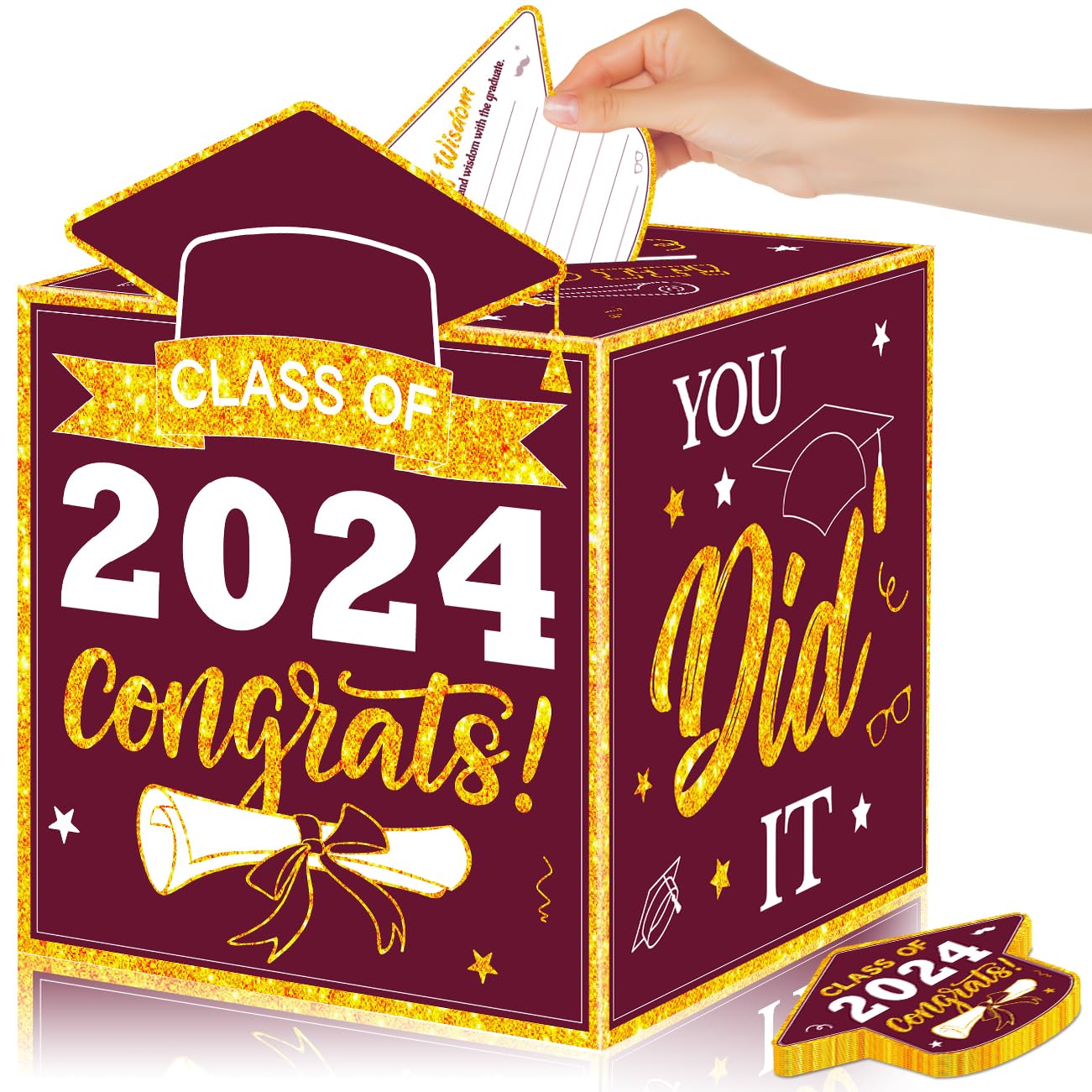 Photo 1 of Graduation Card Box 2024 Graduation Decorations, Congrats Grad Card Box with 48 PCS Advice Cards, Maroon and Gold Class of 2024 Graduation Gift Card Boxes for College High School Grad Party Supplies Maroon Gold