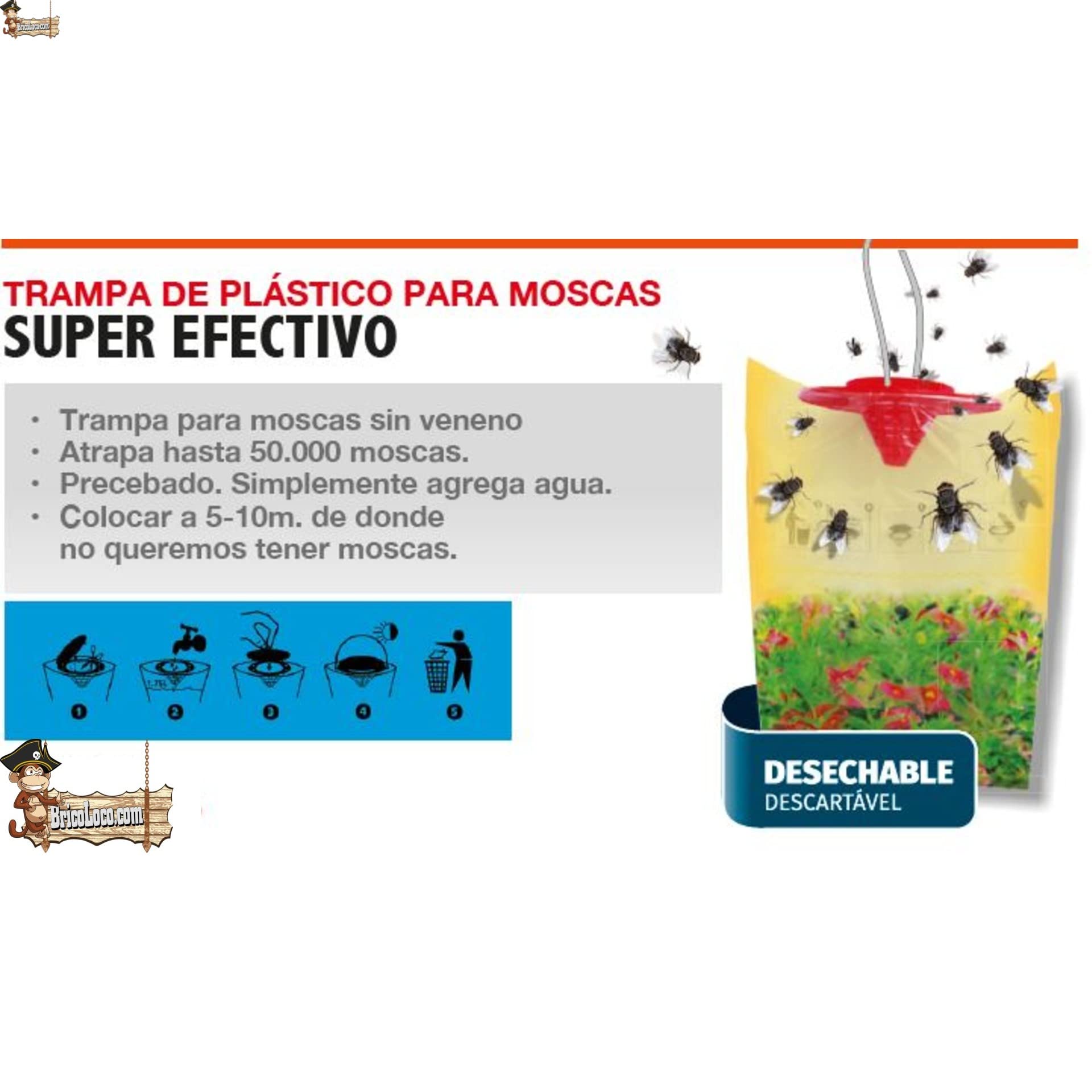 Bricoloco Trampa para Moscas con Cebo Potente atrayente sin Veneno. Anti Moscas Súper Efectivo atrapa hasta 50.000 Moscas. Fácil Uso. (6)