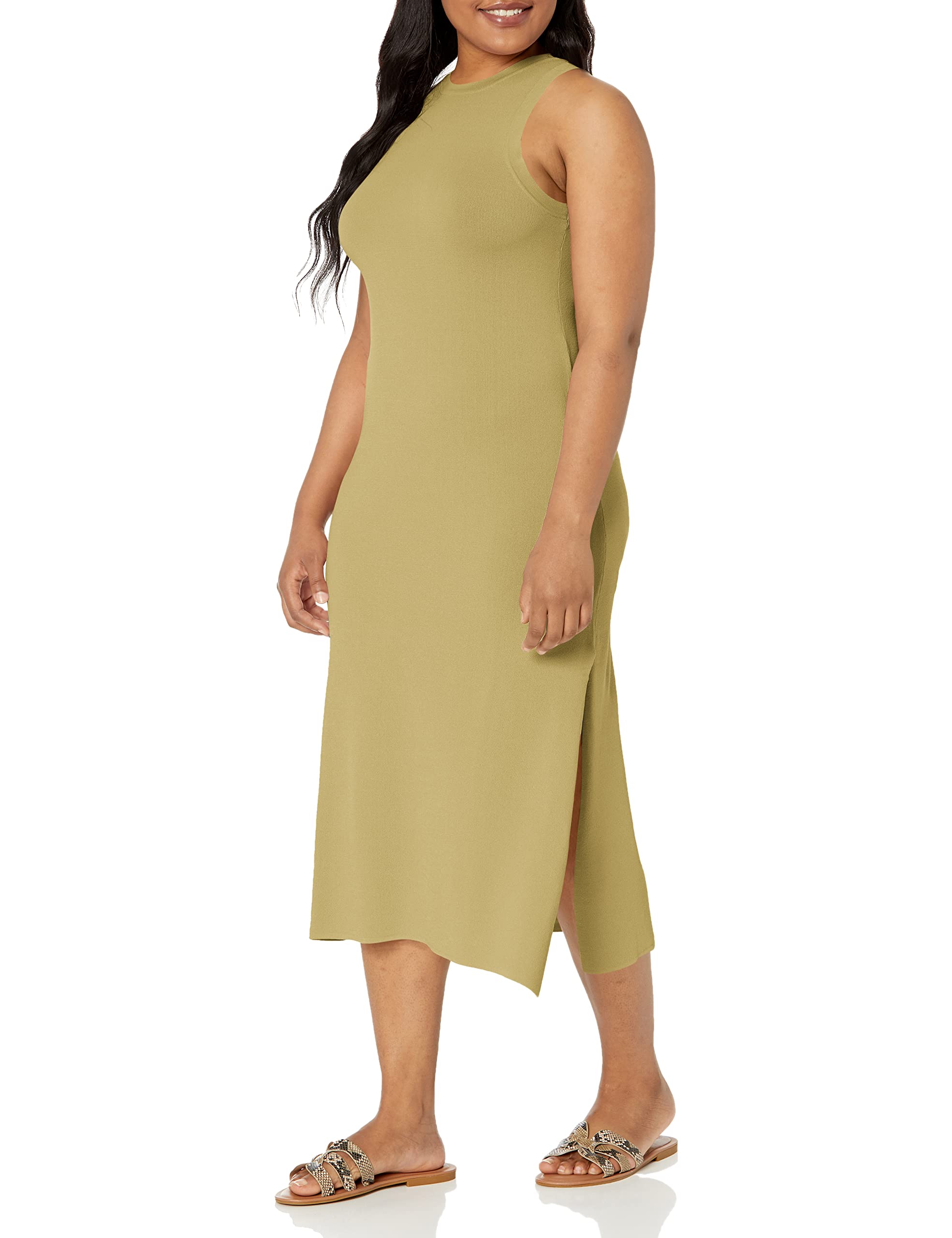 The Drop Marca Amazon - Gabriela Maxivestido de Punto de Cuello Cerrado con Falda Evasé y Raja Lateral por The Drop