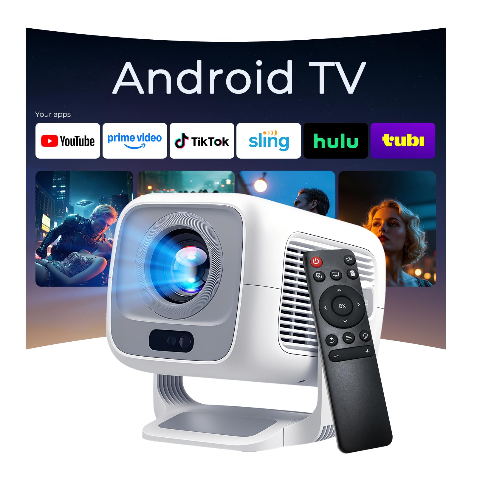 [1080P Nativo, Auto Focus] Smart Proyector con 4K Soporte, Auto Keystone, 600 ANSI, App Integrada, Inteligente Projector Portatil con WiFi 6 Bluetooth 5.4, Compatible con HDMI/iOS/Android/USB LYNCAST